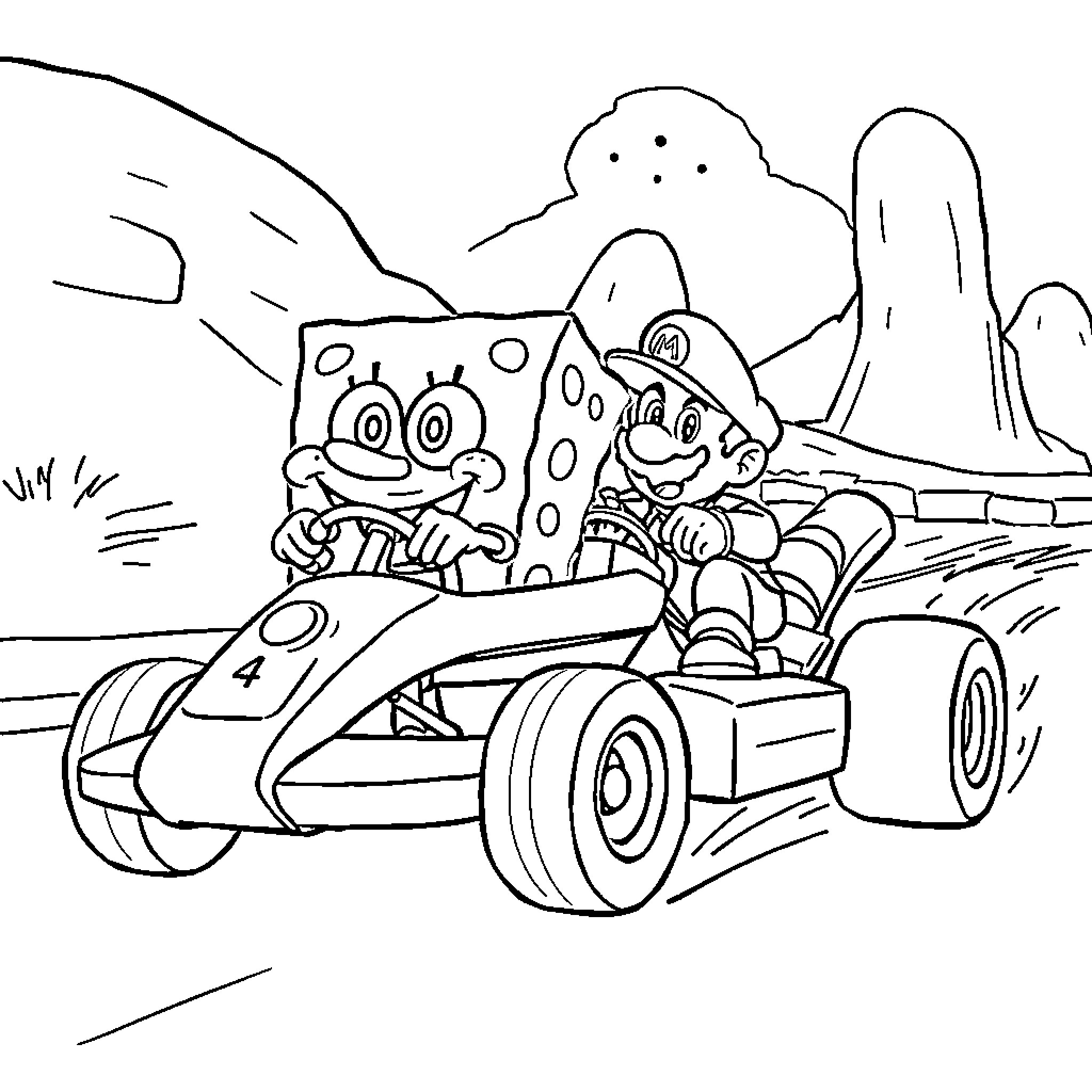 Spongebob and Patrick racing in a car Coloring Page (free black-and-white line drawing printable PDF for all, from beginners to advanced learners, including children, teens, adults, and seniors)