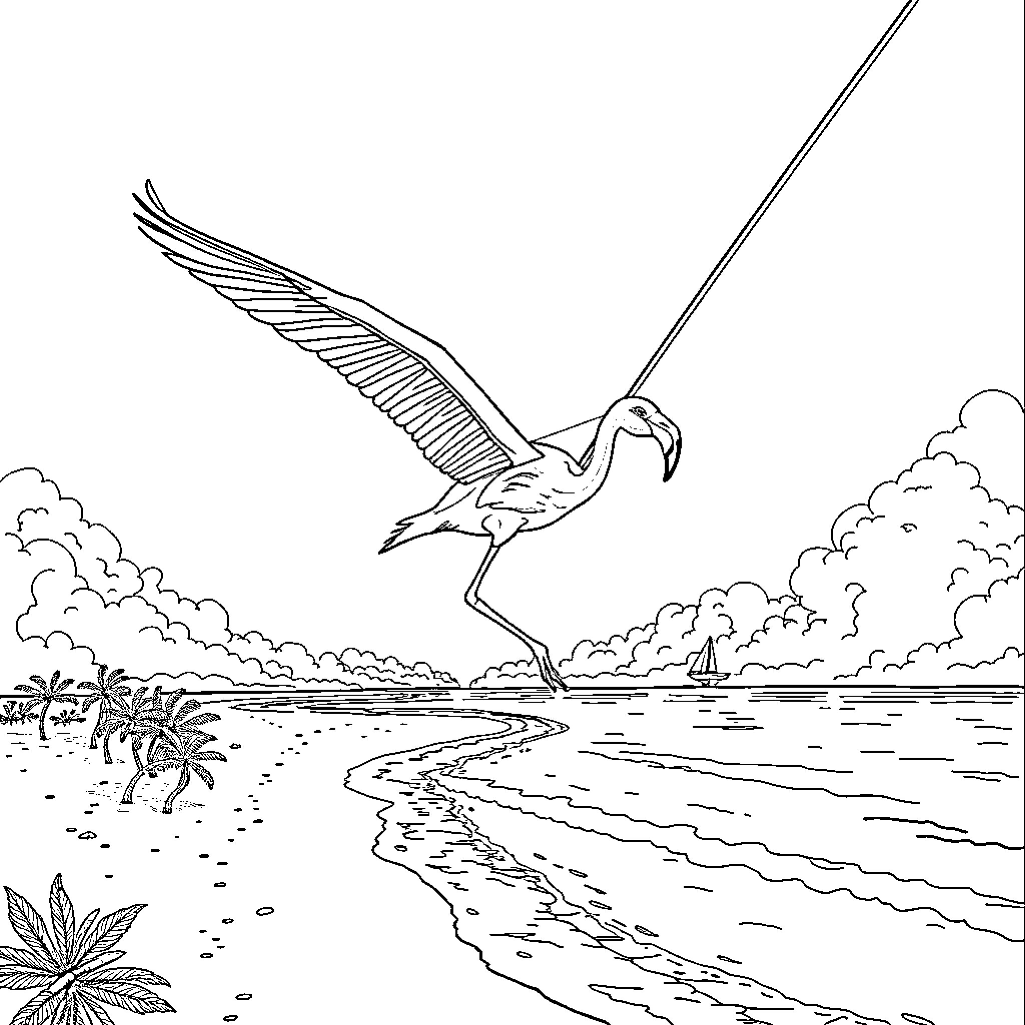 Flamingo soaring gracefully over a tropical beach Coloring Page (free black-and-white line drawing printable PDF for all, from beginners to advanced learners, including children, teens, adults, and seniors)