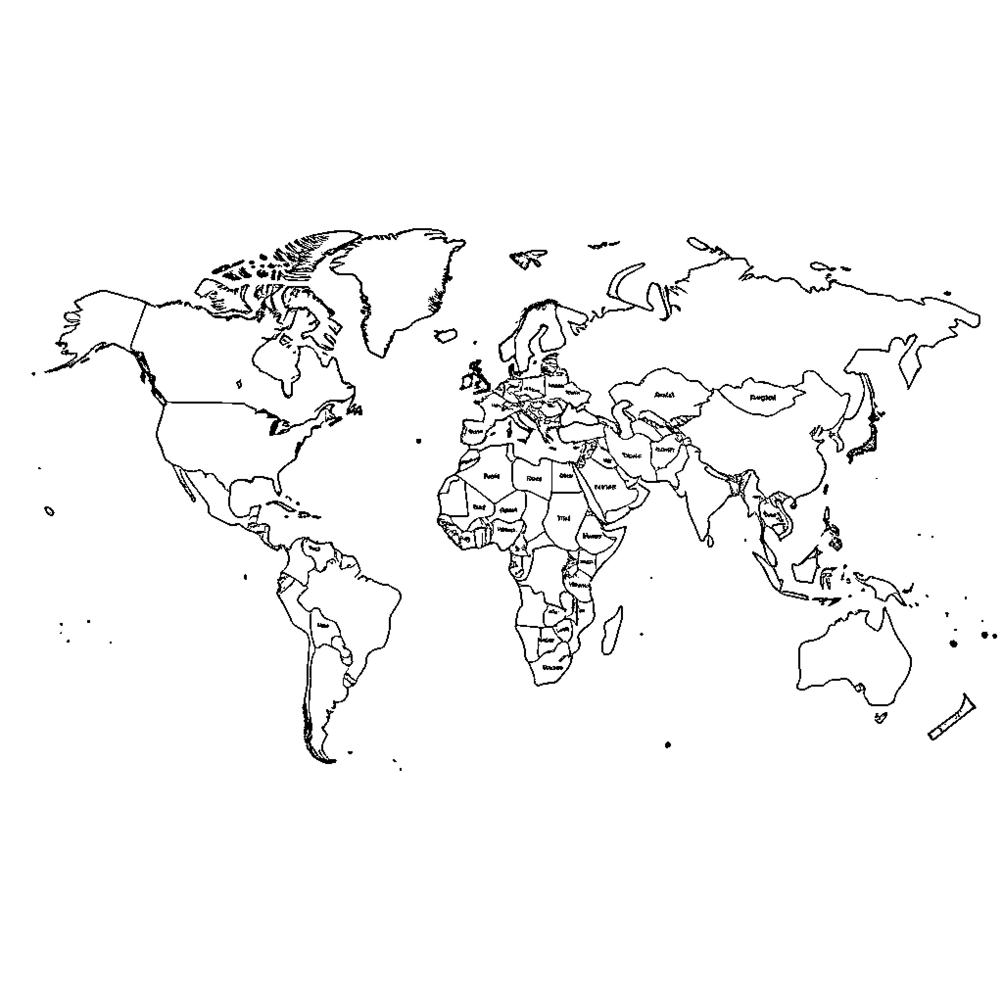 Map of the world's continents and countries Coloring Page (free black-and-white line drawing printable PDF for all, from beginners to advanced learners, including children, teens, adults, and seniors)