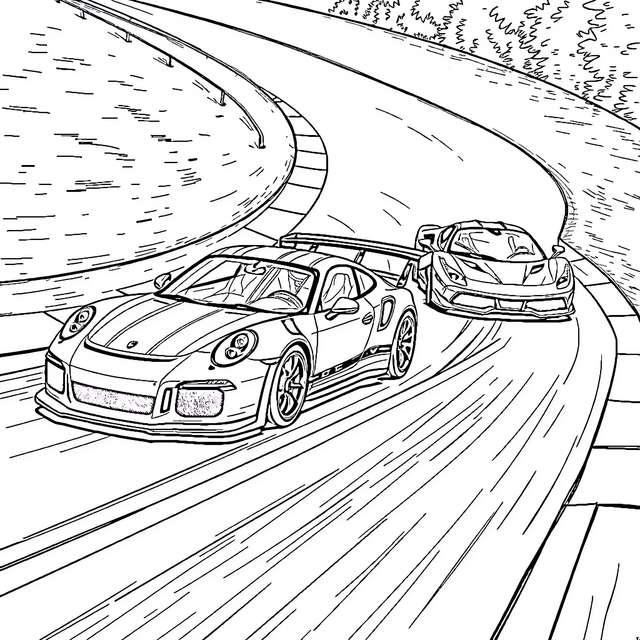 Car racing on a curved track Coloring Page (free black-and-white line drawing printable PDF for all, from beginners to advanced learners, including children, teens, adults, and seniors)