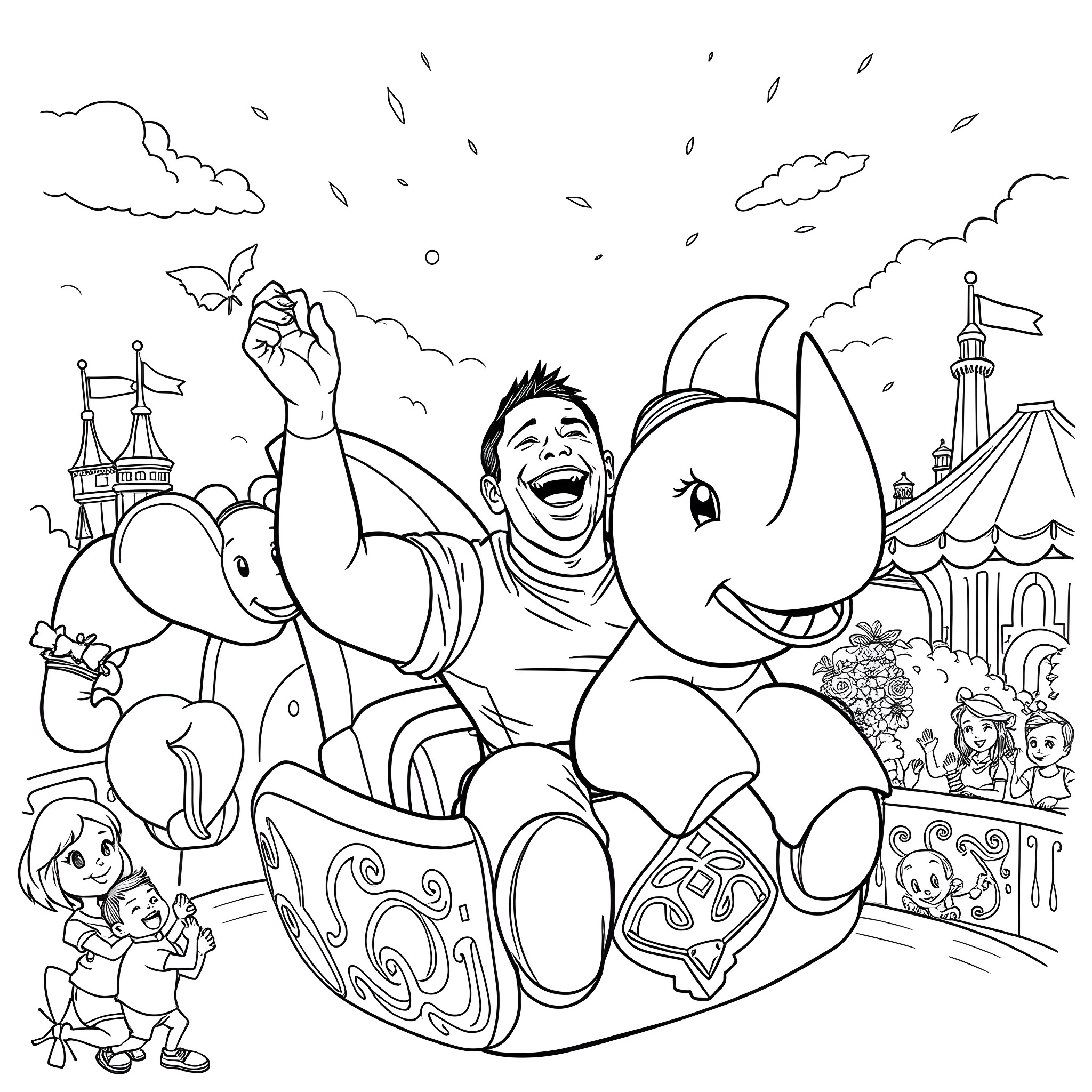 John Cena celebrating joyfully with cartoon characters in an amusement park Coloring Page (free black-and-white line drawing printable PDF for all, from beginners to advanced learners, including children, teens, adults, and seniors)