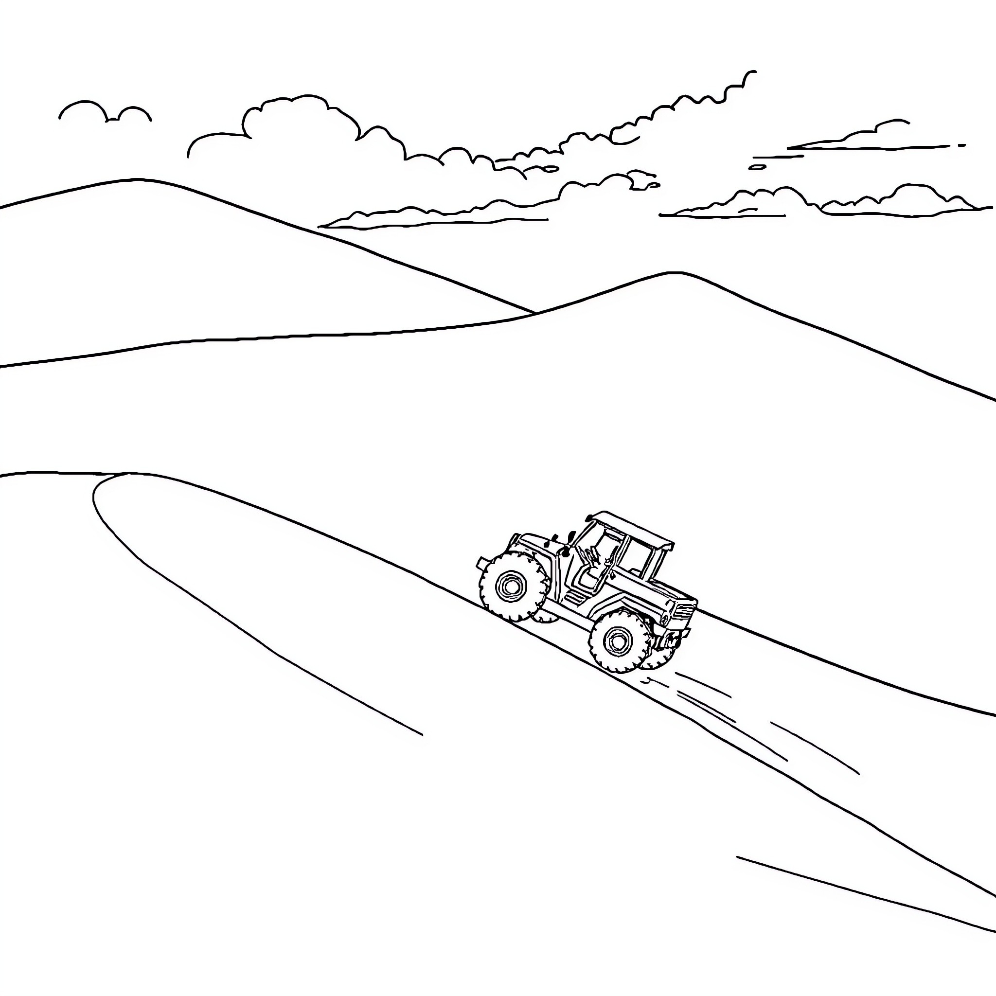 Tractopelle operating on rural landscape Coloring Page (free black-and-white line drawing printable PDF for all, from beginners to advanced learners, including children, teens, adults, and seniors)