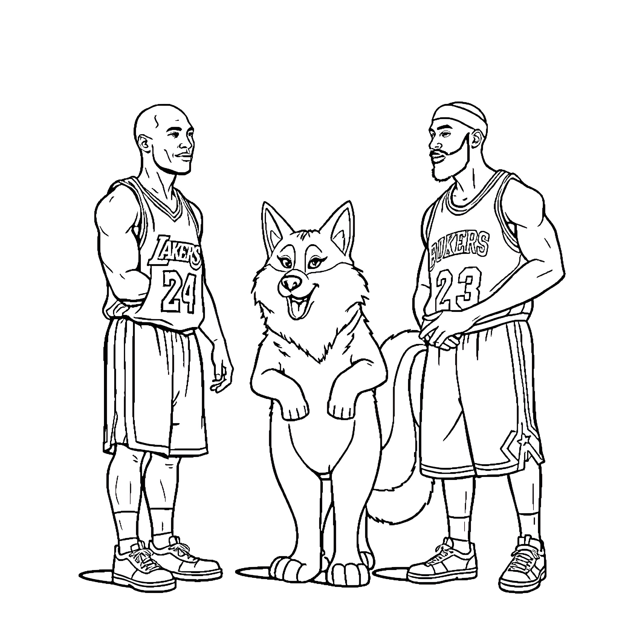 Arcanine Cheering on Basketball Players Coloring Page (free black-and-white line drawing printable PDF for all, from beginners to advanced learners, including children, teens, adults, and seniors)