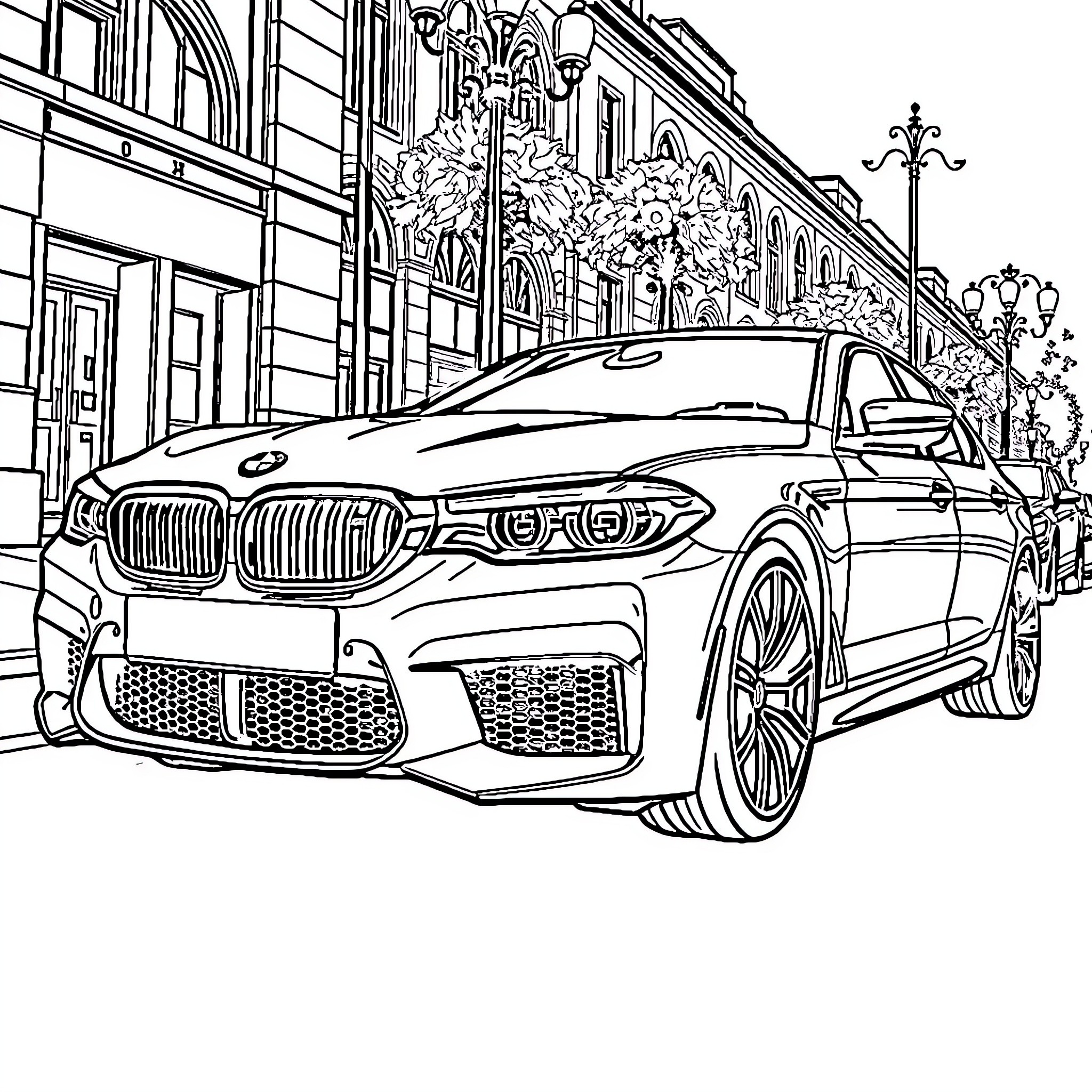 BMW M5 luxury sedan on city street Coloring Page (free black-and-white line drawing printable PDF for all, from beginners to advanced learners, including children, teens, adults, and seniors)