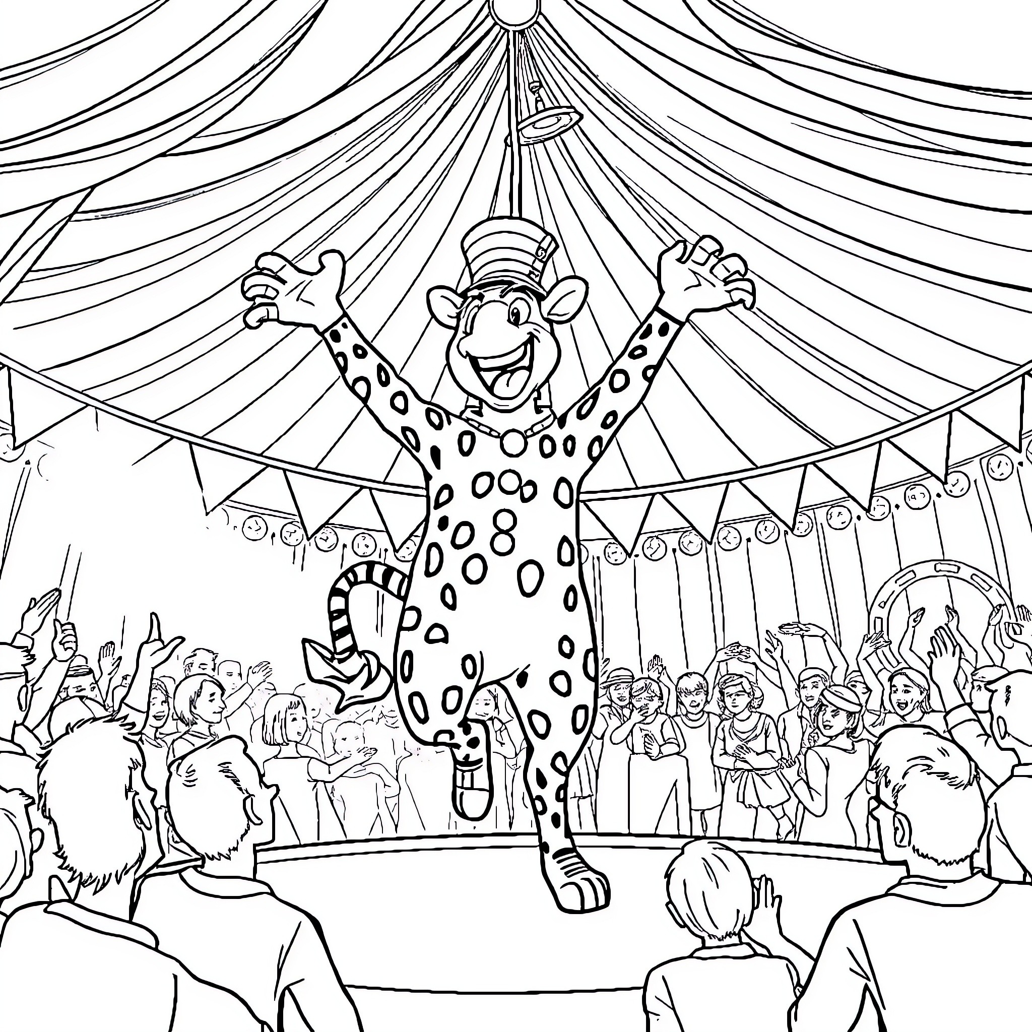 Tralalero Circus Performer Entertaining the Crowd Coloring Page (free black-and-white line drawing printable PDF for all, from beginners to advanced learners, including children, teens, adults, and seniors)