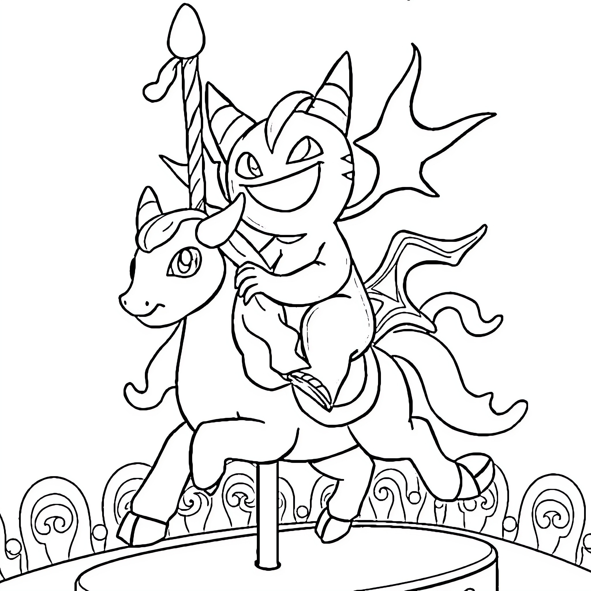 Gengar and its playful friend in a fantastical scene Coloring Page (free black-and-white line drawing printable PDF for all, from beginners to advanced learners, including children, teens, adults, and seniors)