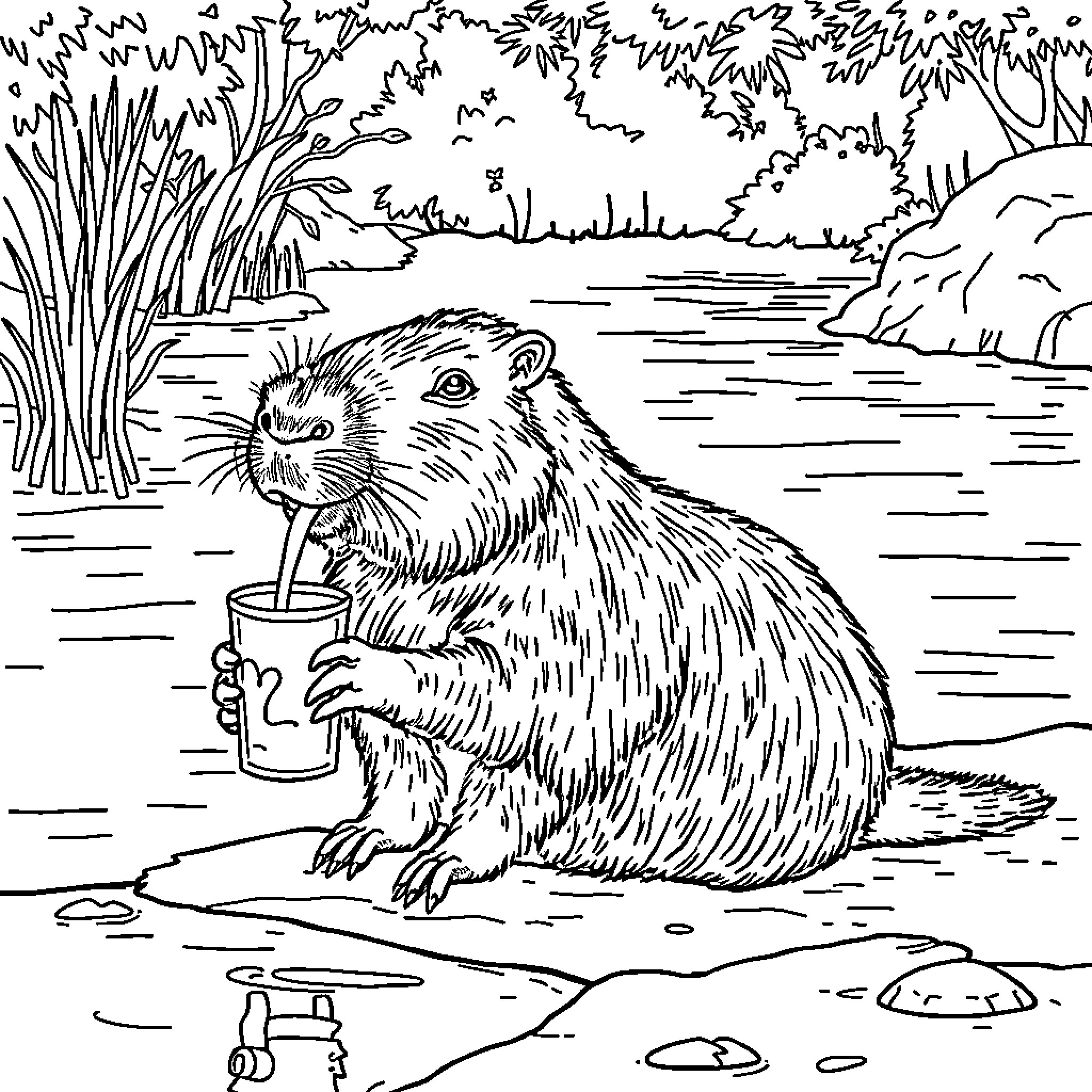 Capybara enjoying a refreshing drink in the wild Coloring Page (free black-and-white line drawing printable PDF for all, from beginners to advanced learners, including children, teens, adults, and seniors)