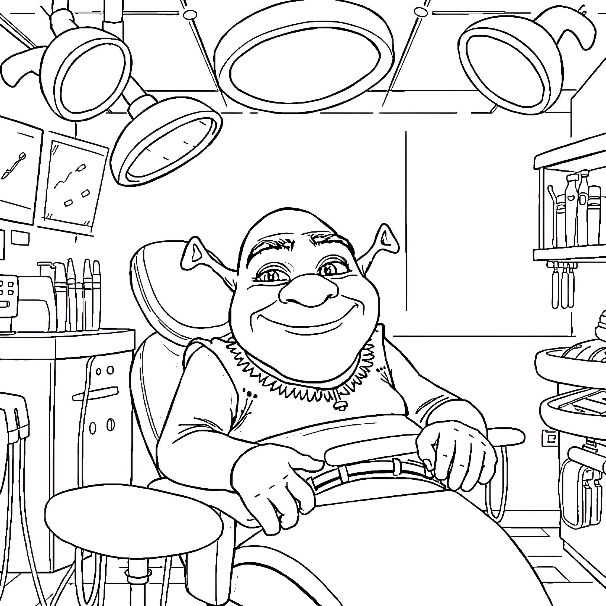 Shrek relaxing in his workshop Coloring Page (free black-and-white line drawing printable PDF for all, from beginners to advanced learners, including children, teens, adults, and seniors)