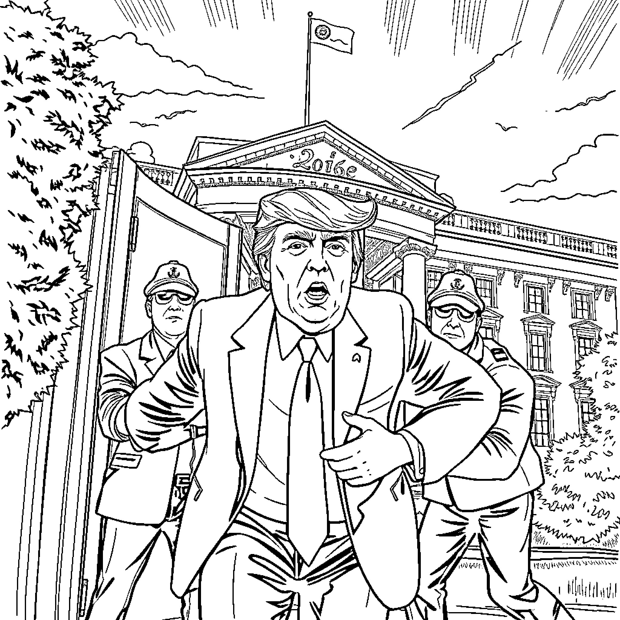 Donald Trump Confronting Adversity in the White House Coloring Page (free black-and-white line drawing printable PDF for all, from beginners to advanced learners, including children, teens, adults, and seniors)