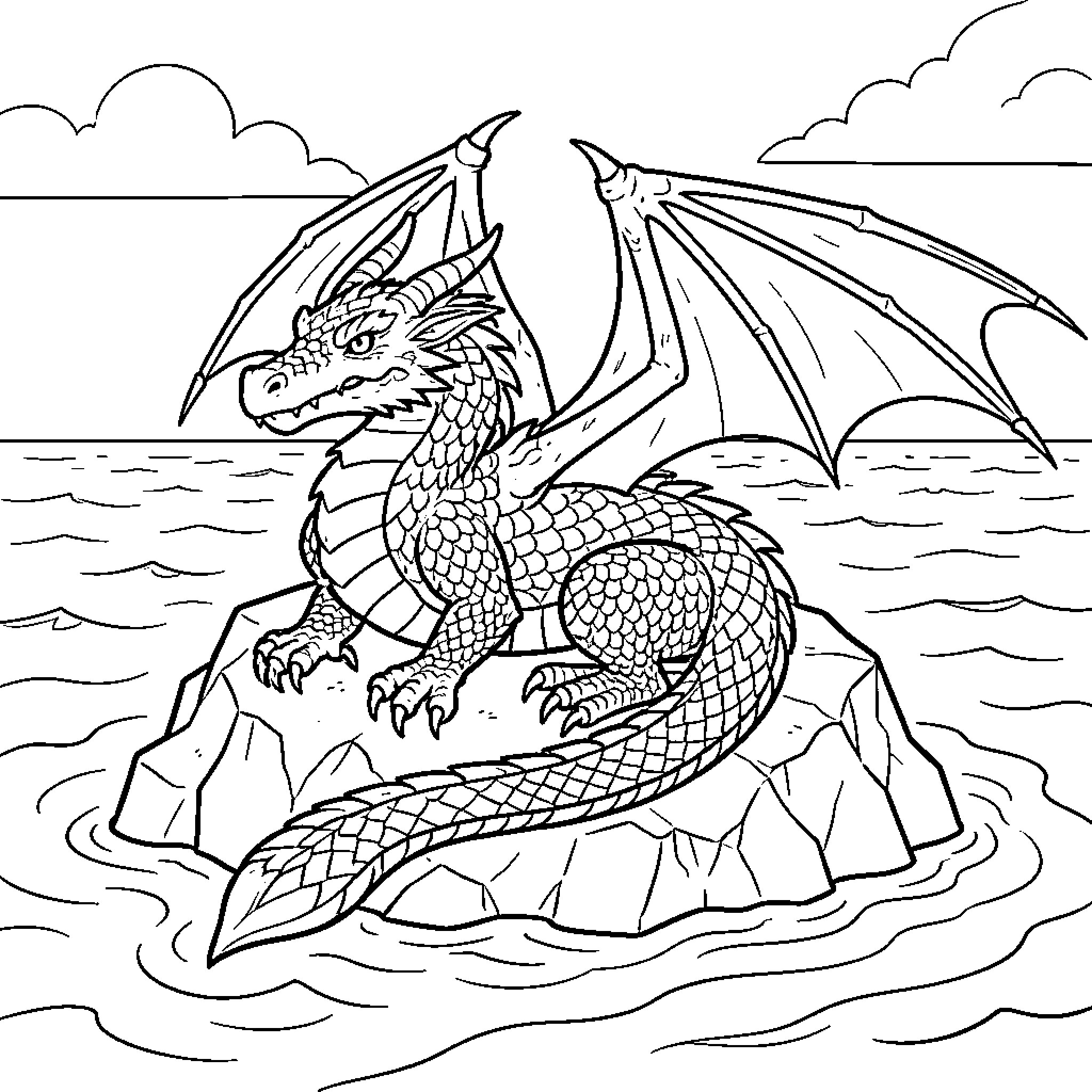 Dragon resting calmly on a rock in the ocean Coloring Page (free black-and-white line drawing printable PDF for all, from beginners to advanced learners, including children, teens, adults, and seniors)
