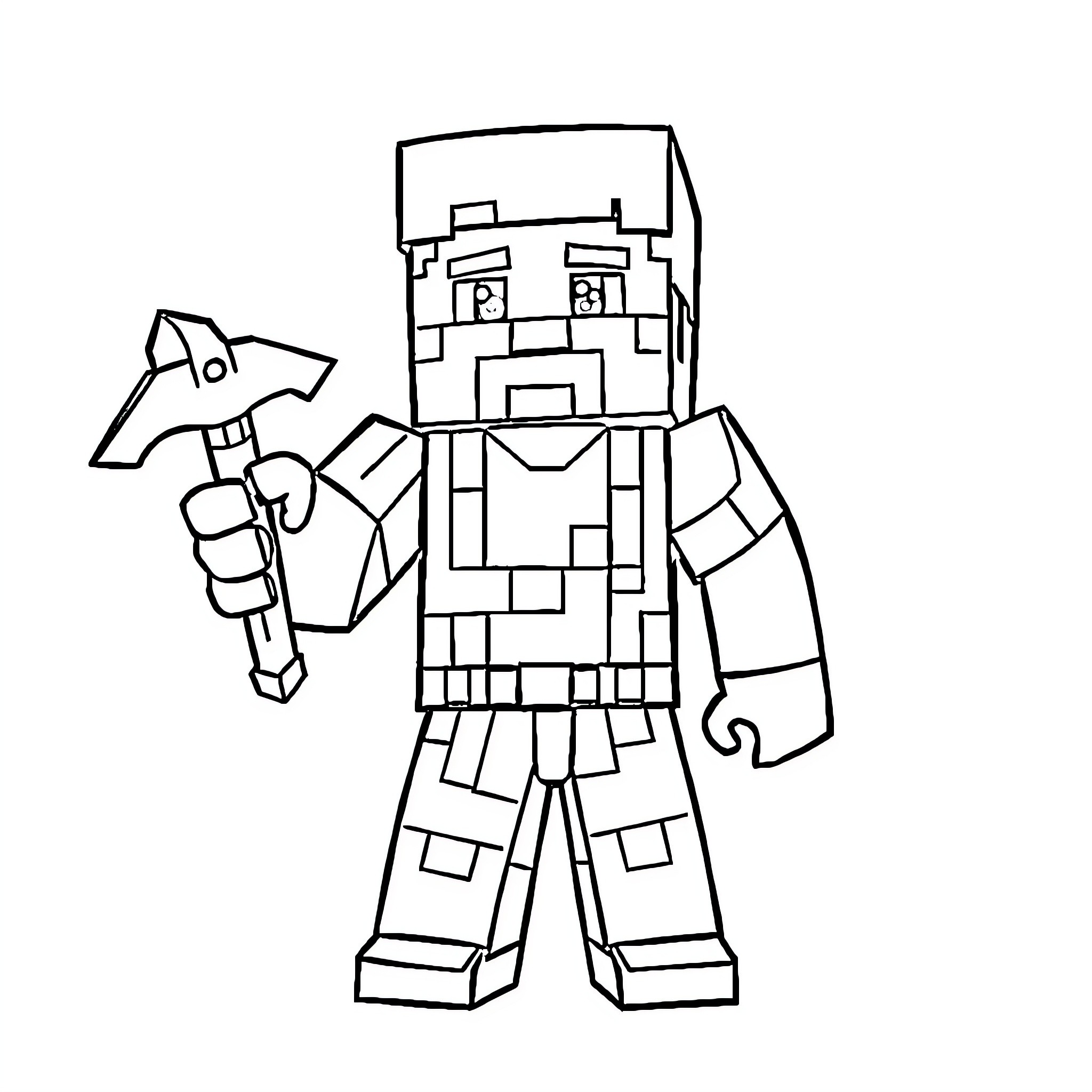 Steve the Minecraft warrior with weapon Coloring Page (free black-and-white line drawing printable PDF for all, from beginners to advanced learners, including children, teens, adults, and seniors)