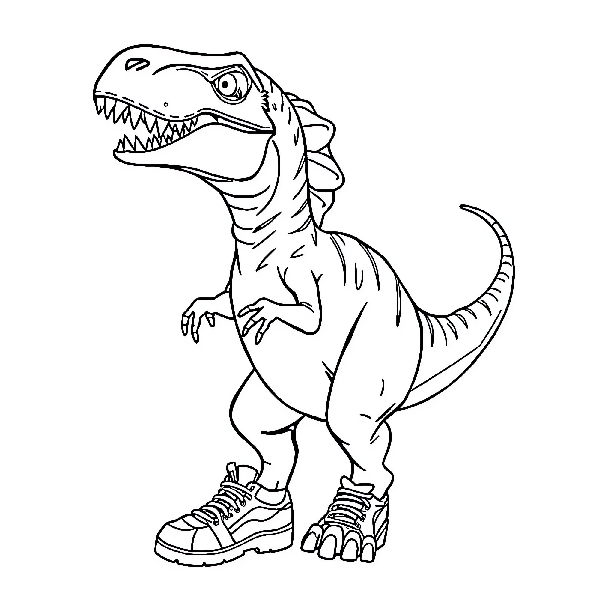 Dinosaur in sneakers roaring fiercely Coloring Page (free black-and-white line drawing printable PDF for all, from beginners to advanced learners, including children, teens, adults, and seniors)