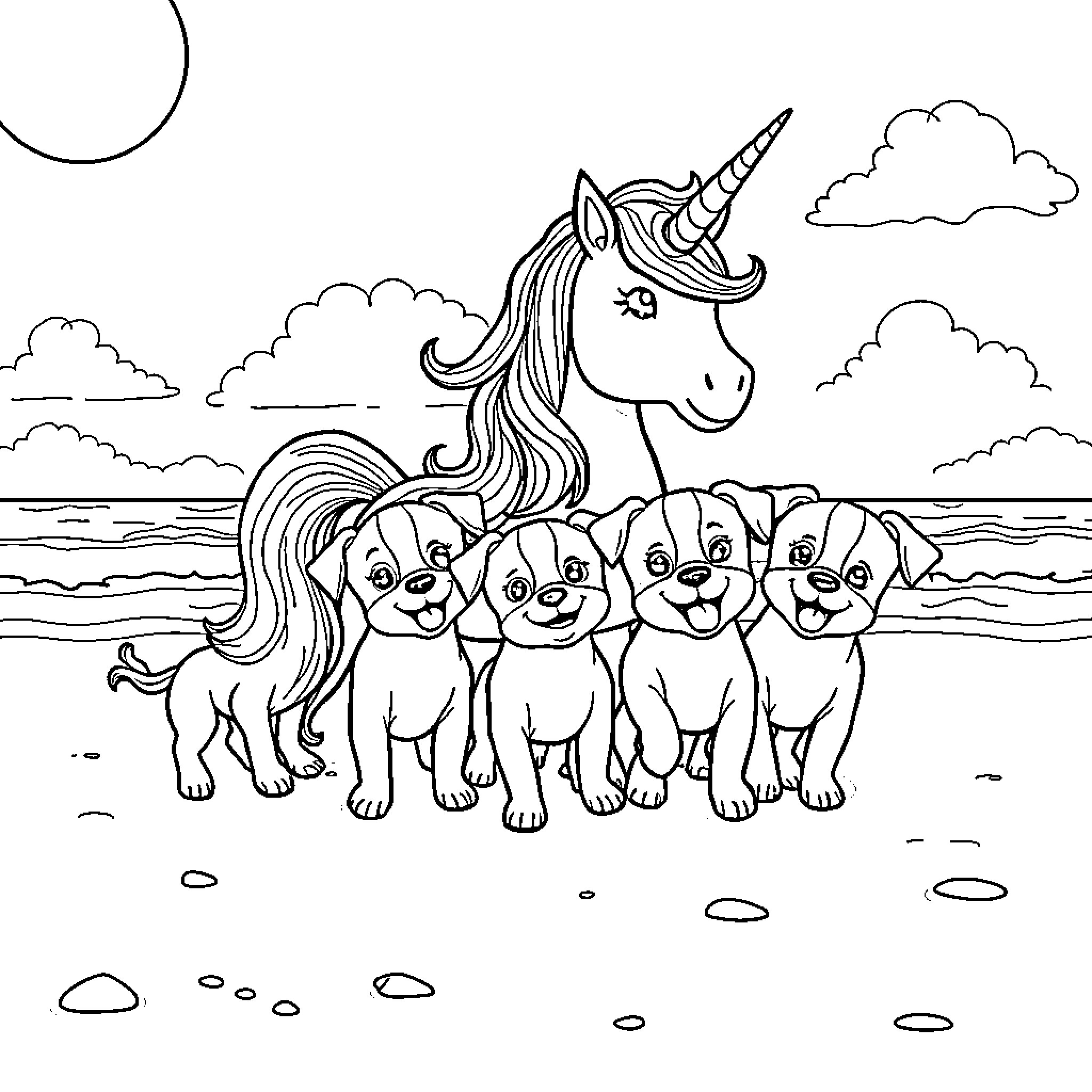 Unicorn and Playful Puppies on the Beach Coloring Page (free black-and-white line drawing printable PDF for all, from beginners to advanced learners, including children, teens, adults, and seniors)