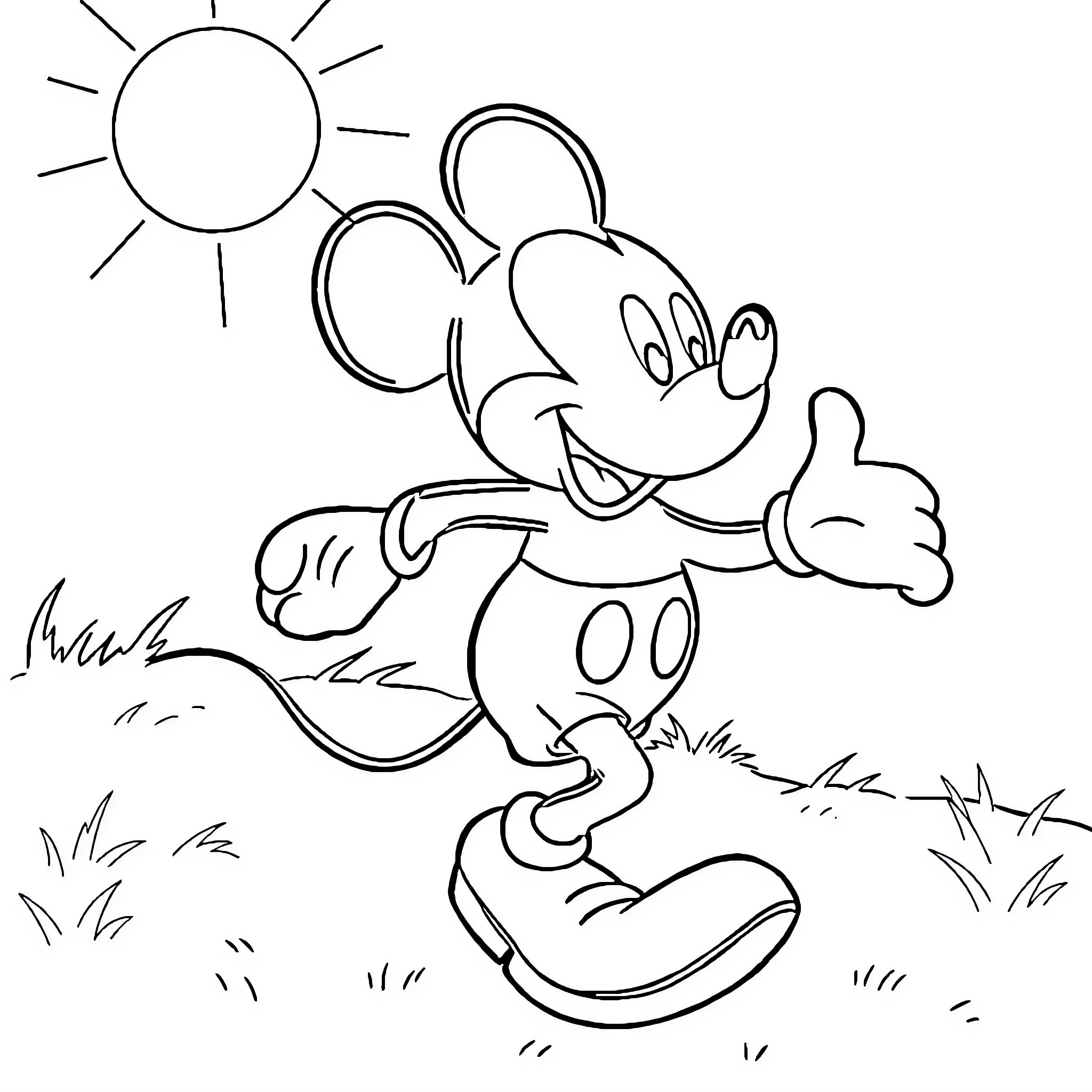 Mickey Mouse enjoying a sunny day outdoors Coloring Page (free black-and-white line drawing printable PDF for all, from beginners to advanced learners, including children, teens, adults, and seniors)