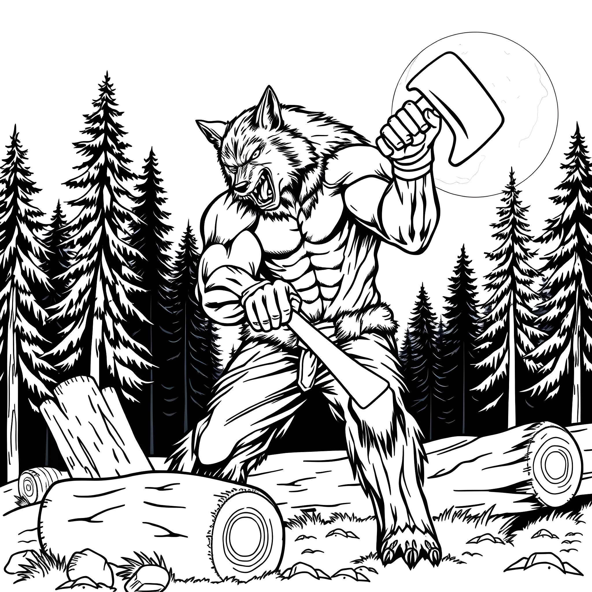Werewolf wielding an axe in the forest Coloring Page (free black-and-white line drawing printable PDF for all, from beginners to advanced learners, including children, teens, adults, and seniors)