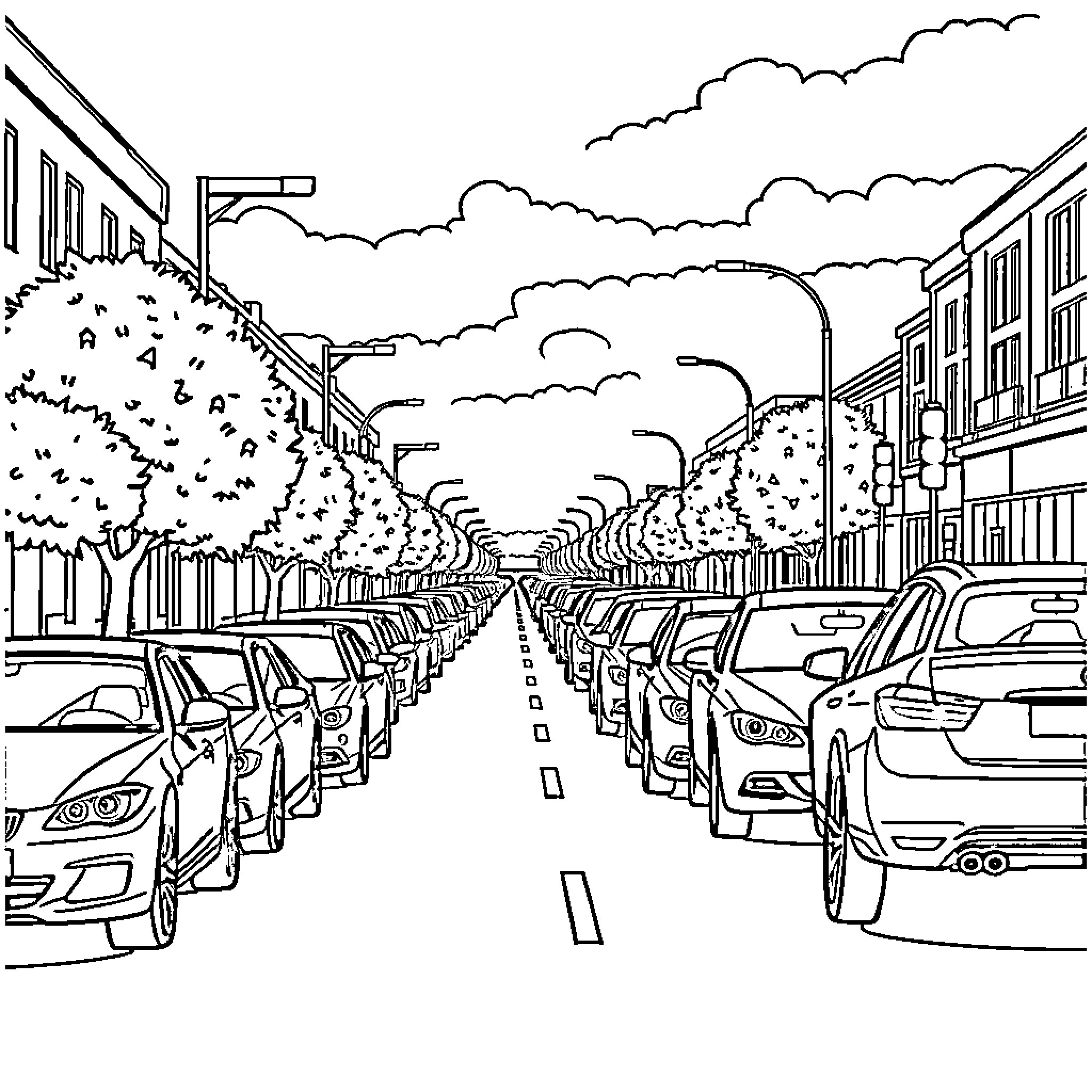 Car-filled street with lush vegetation Coloring Page (free black-and-white line drawing printable PDF for all, from beginners to advanced learners, including children, teens, adults, and seniors)