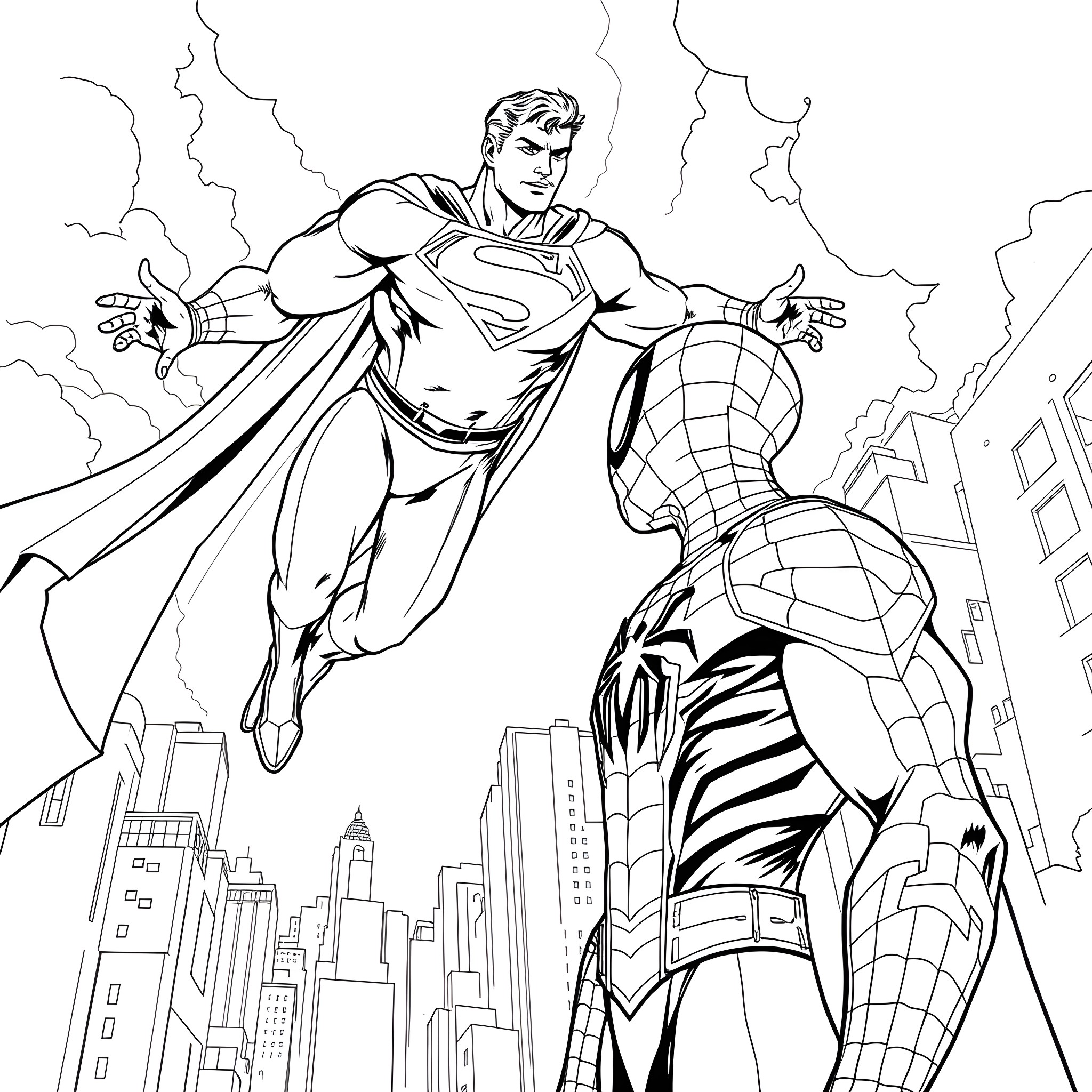 Spiderman and Superman battling in the city Coloring Page (free black-and-white line drawing printable PDF for all, from beginners to advanced learners, including children, teens, adults, and seniors)