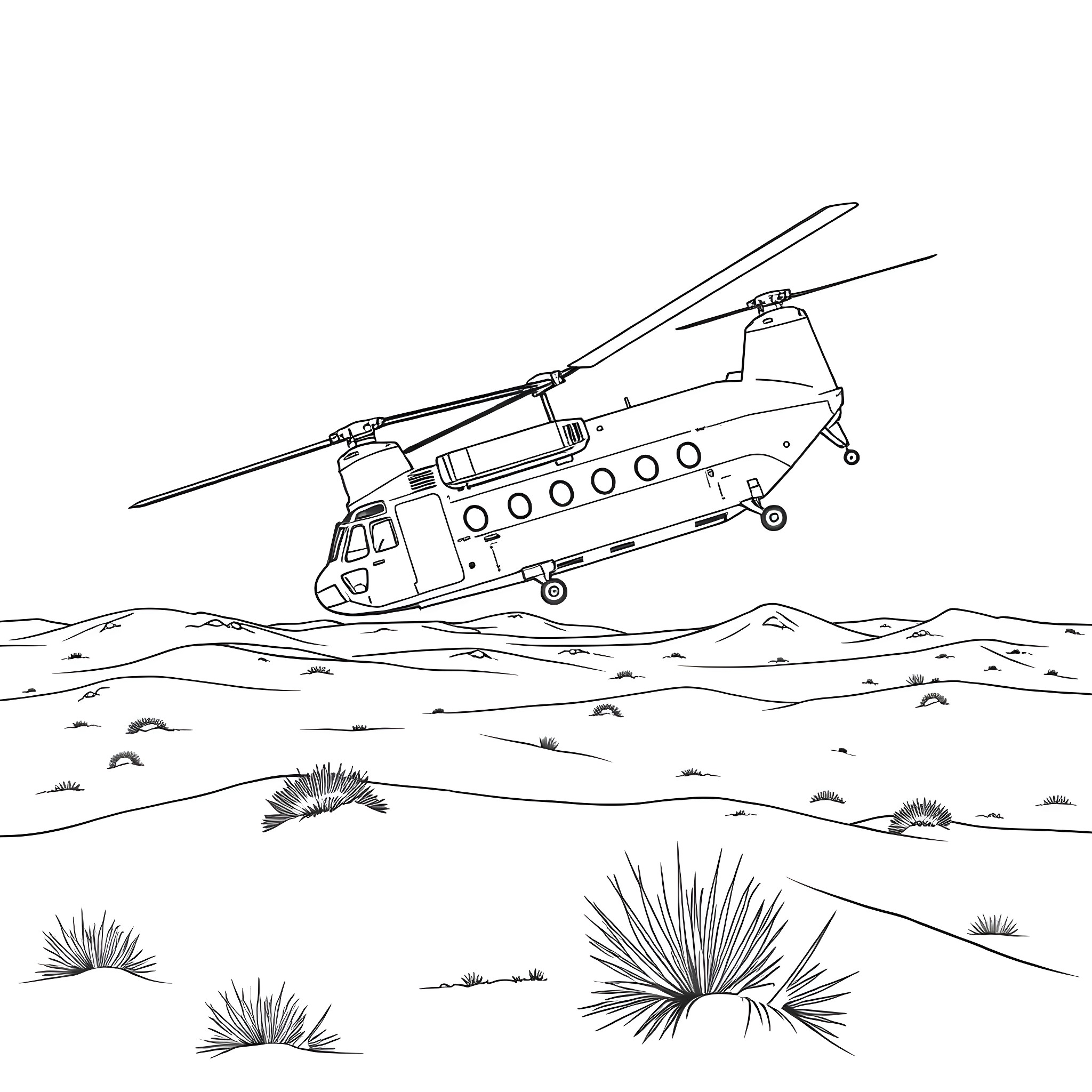 CH-47 Chinook helicopter flying over desert landscape Coloring Page (free black-and-white line drawing printable PDF for all, from beginners to advanced learners, including children, teens, adults, and seniors)