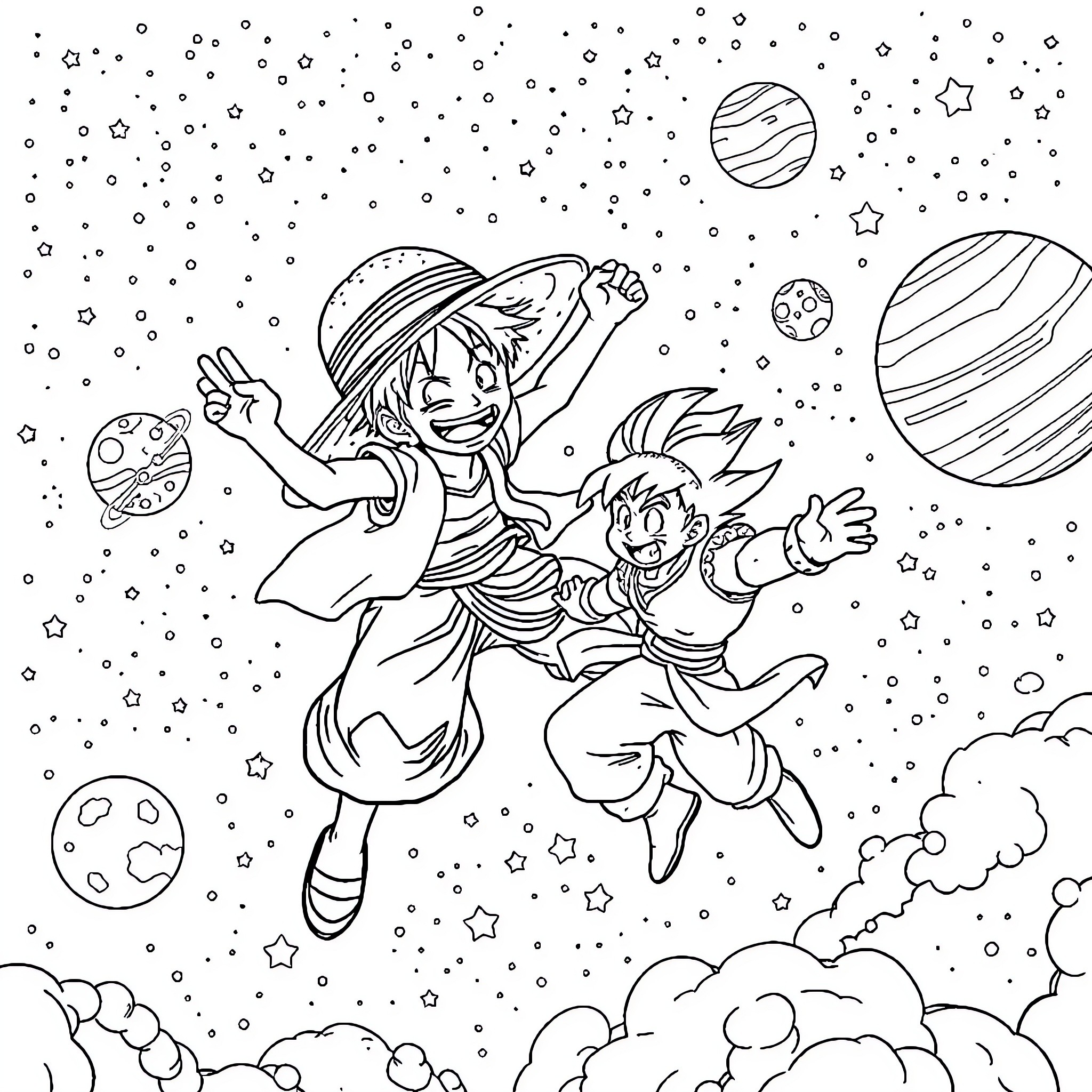 Luffy's Cosmic Adventure with a Friend Coloring Page (free black-and-white line drawing printable PDF for all, from beginners to advanced learners, including children, teens, adults, and seniors)