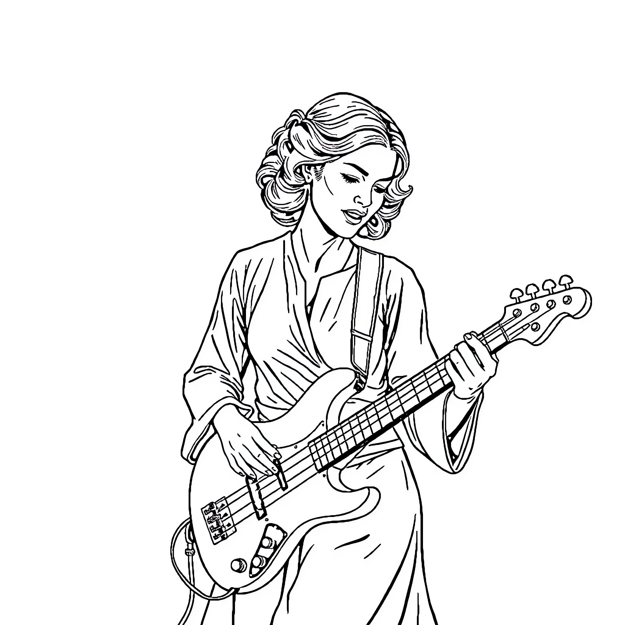 Princess Leia playing electric guitar with elegance Coloring Page (free black-and-white line drawing printable PDF for all, from beginners to advanced learners, including children, teens, adults, and seniors)