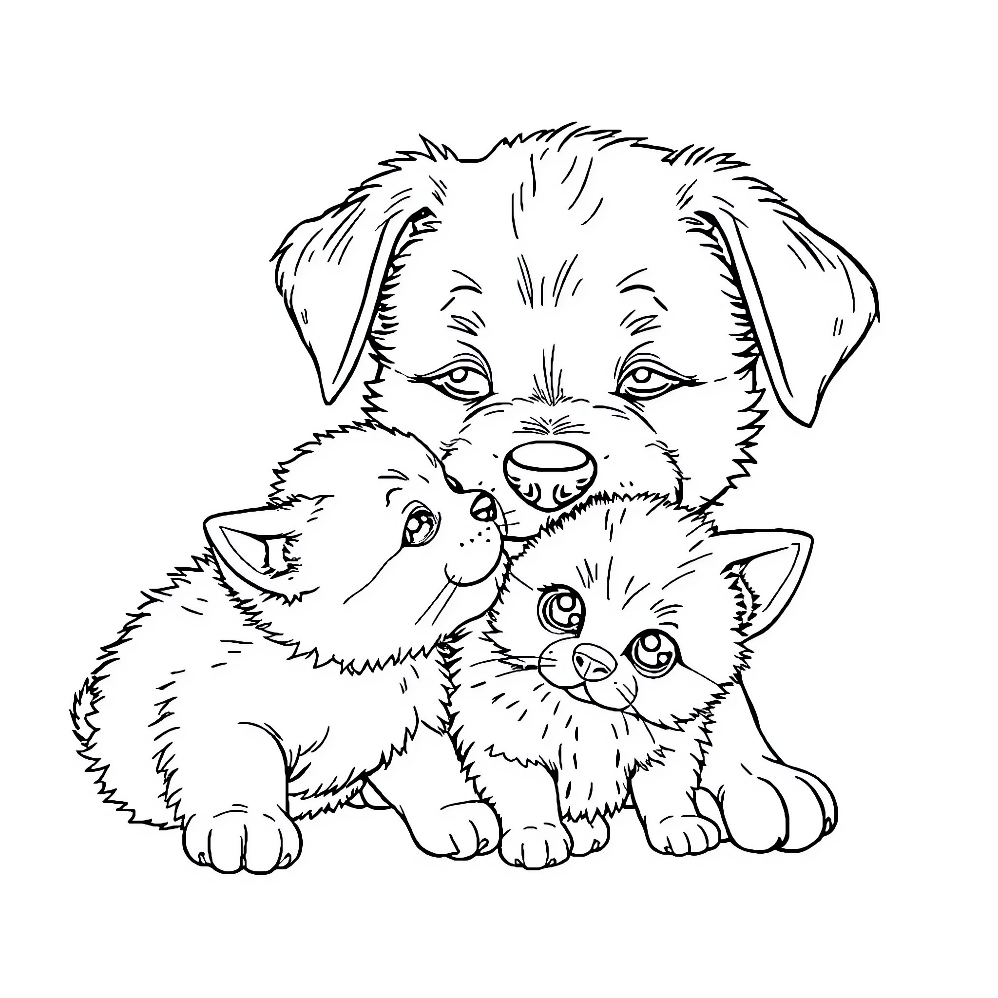 Puppy and kittens playing together Coloring Page (free black-and-white line drawing printable PDF for all, from beginners to advanced learners, including children, teens, adults, and seniors)