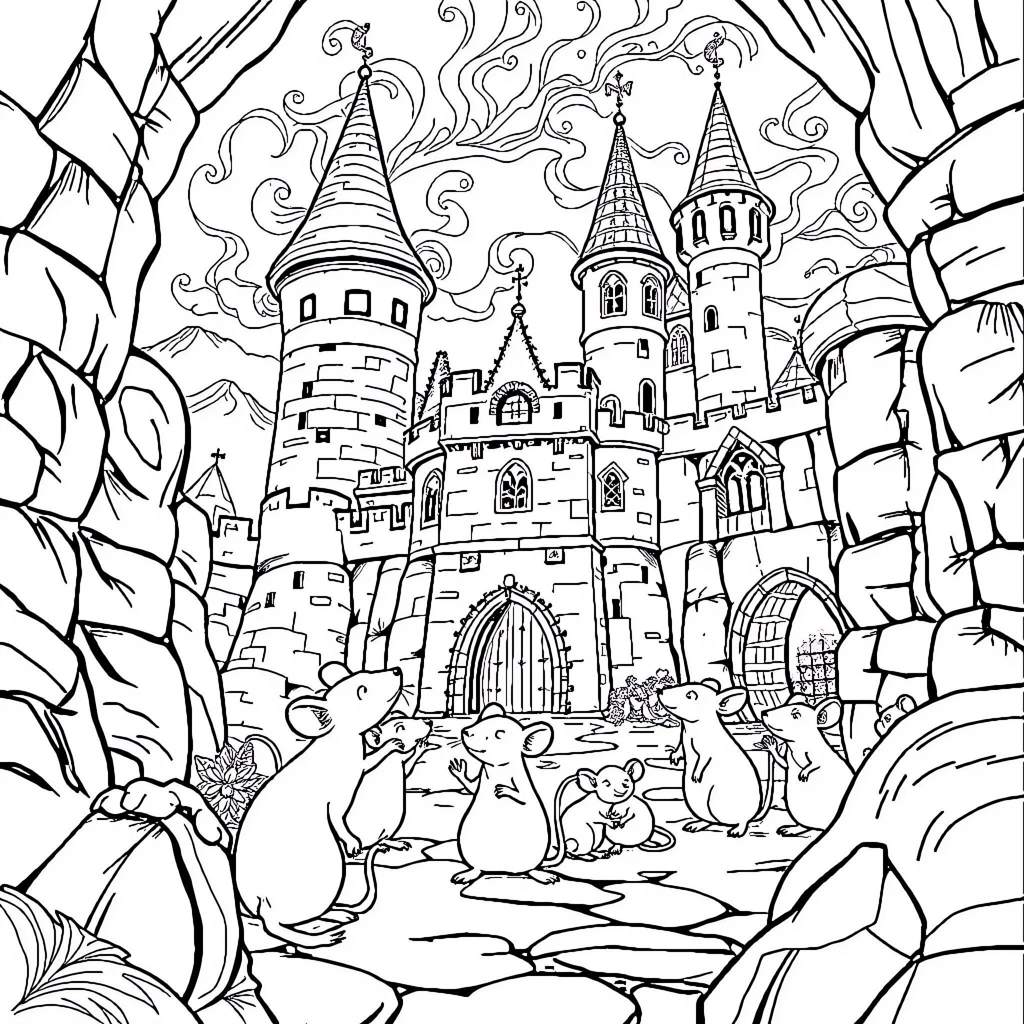 Cinderella's Enchanted Castle: A Whimsical Fairy Tale Coloring Page (free black-and-white line drawing printable PDF for all, from beginners to advanced learners, including children, teens, adults, and seniors)