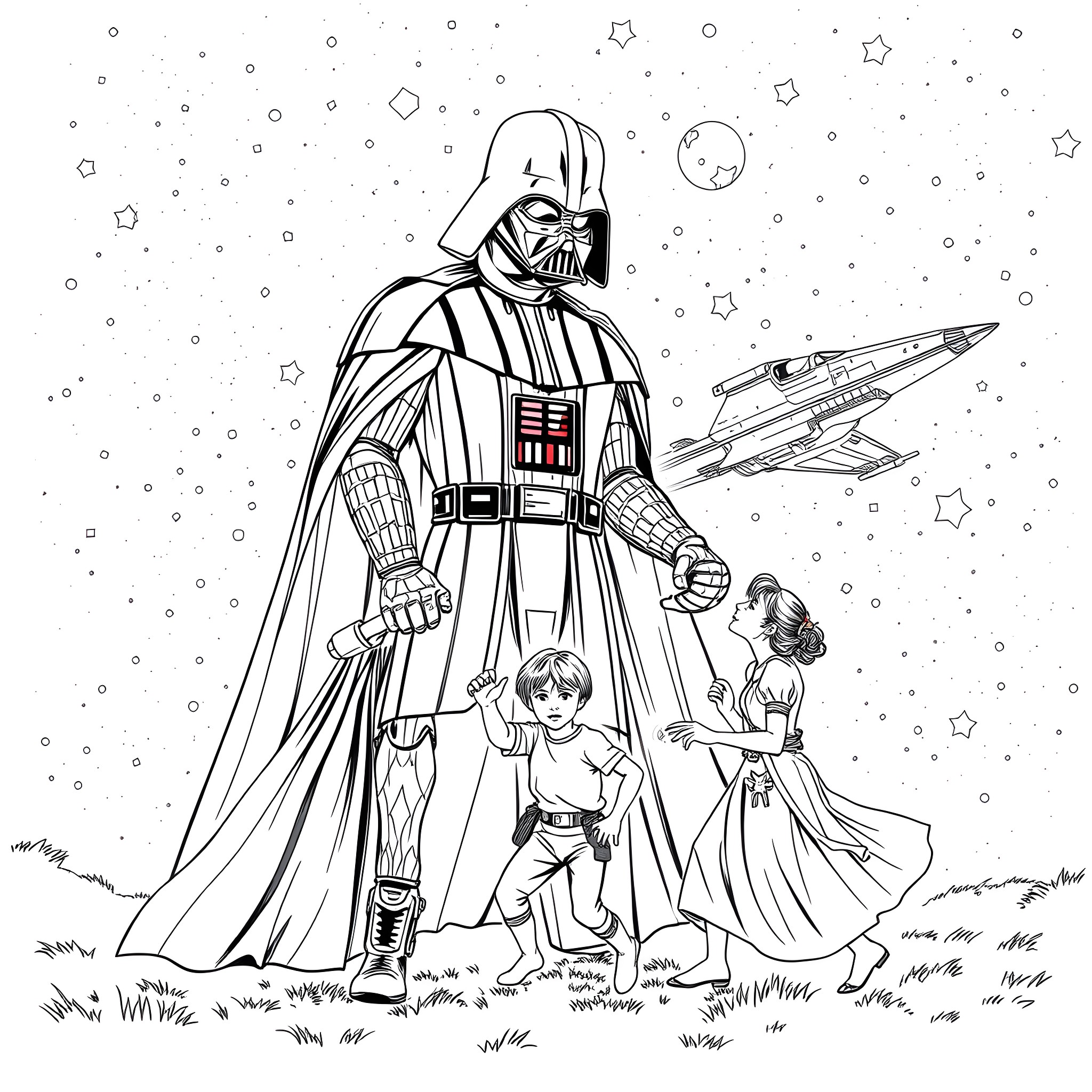 Darth Vader standing tall with Luke Skywalker and Princess Leia Coloring Page (free black-and-white line drawing printable PDF for all, from beginners to advanced learners, including children, teens, adults, and seniors)