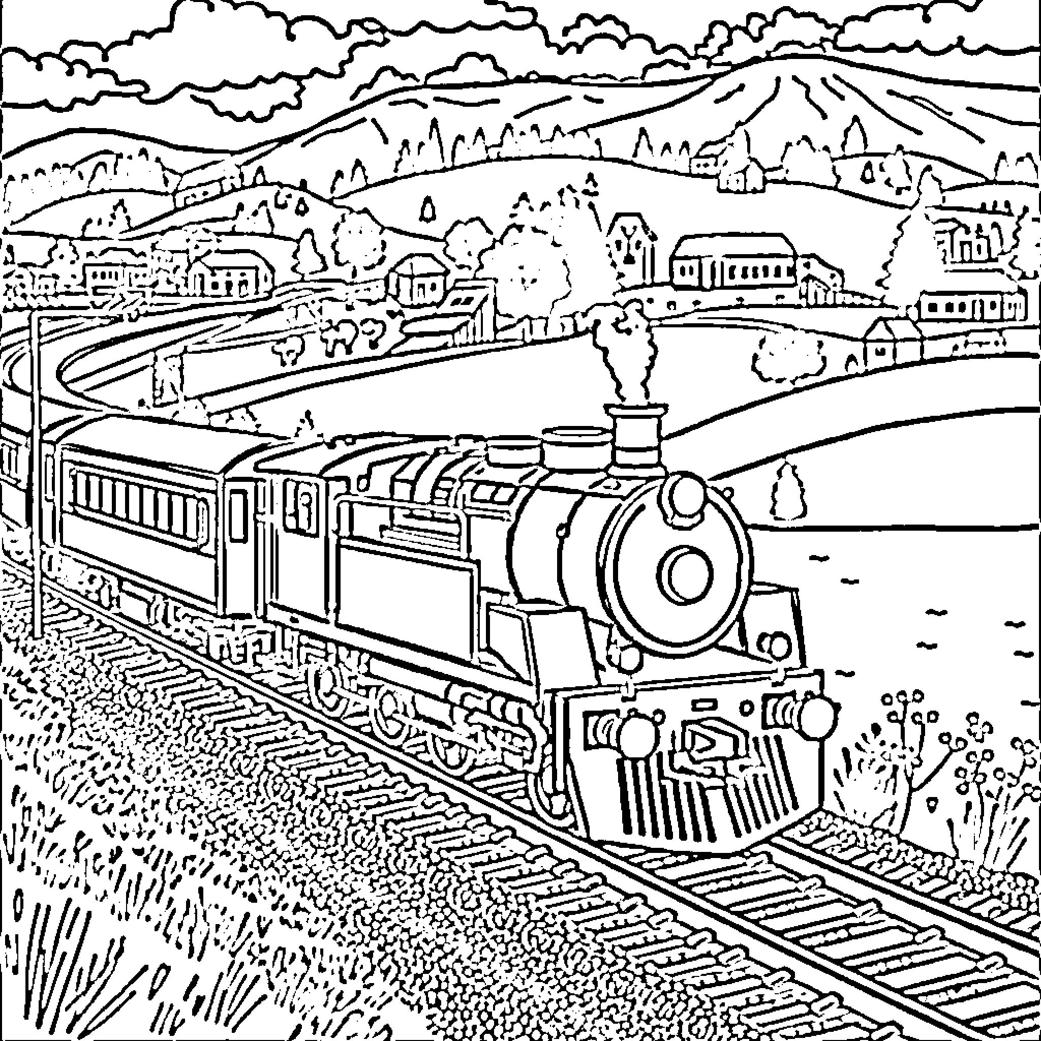 Train traveling through scenic countryside landscape Coloring Page (free black-and-white line drawing printable PDF for all, from beginners to advanced learners, including children, teens, adults, and seniors)