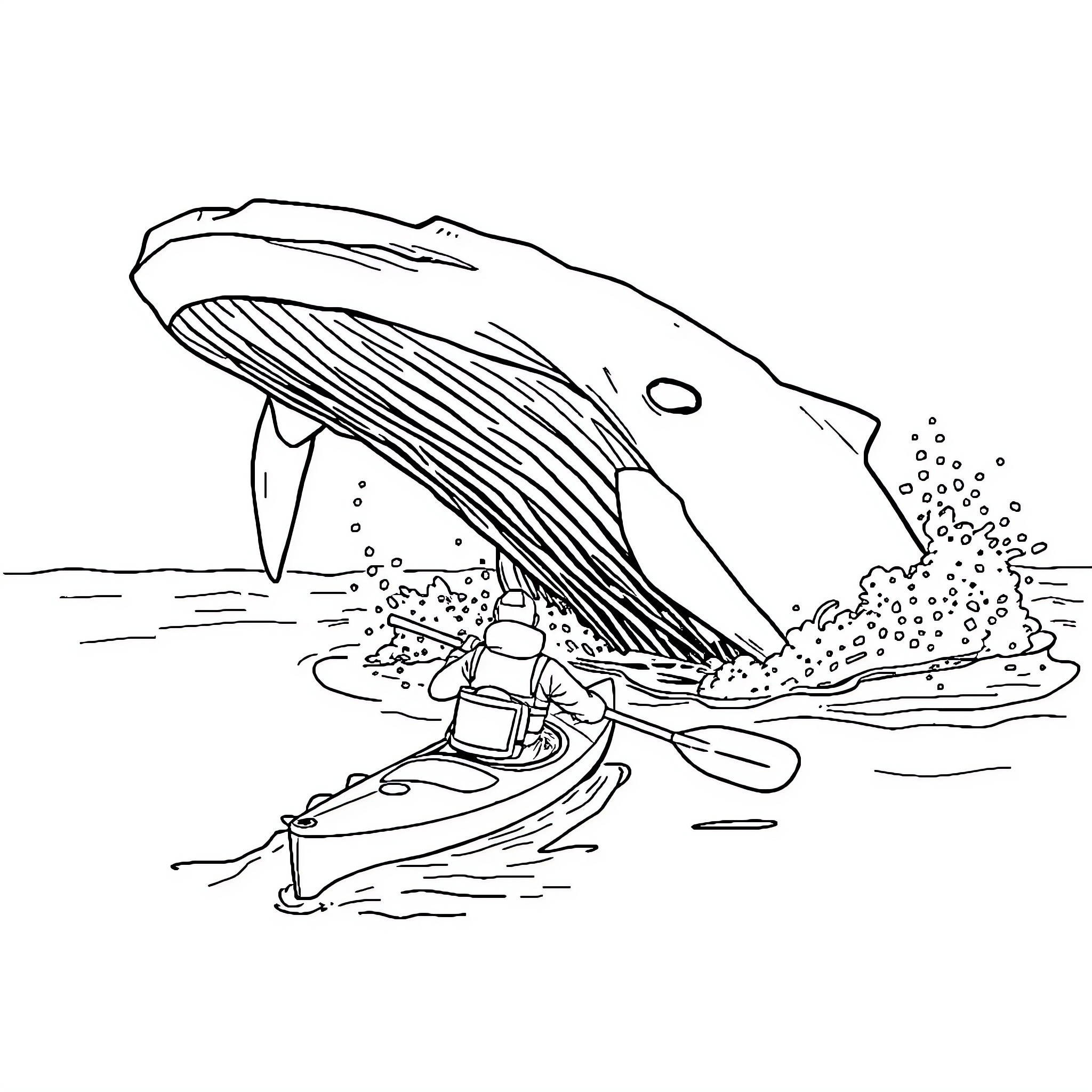 Kayaker navigating through massive whale Coloring Page (free black-and-white line drawing printable PDF for all, from beginners to advanced learners, including children, teens, adults, and seniors)