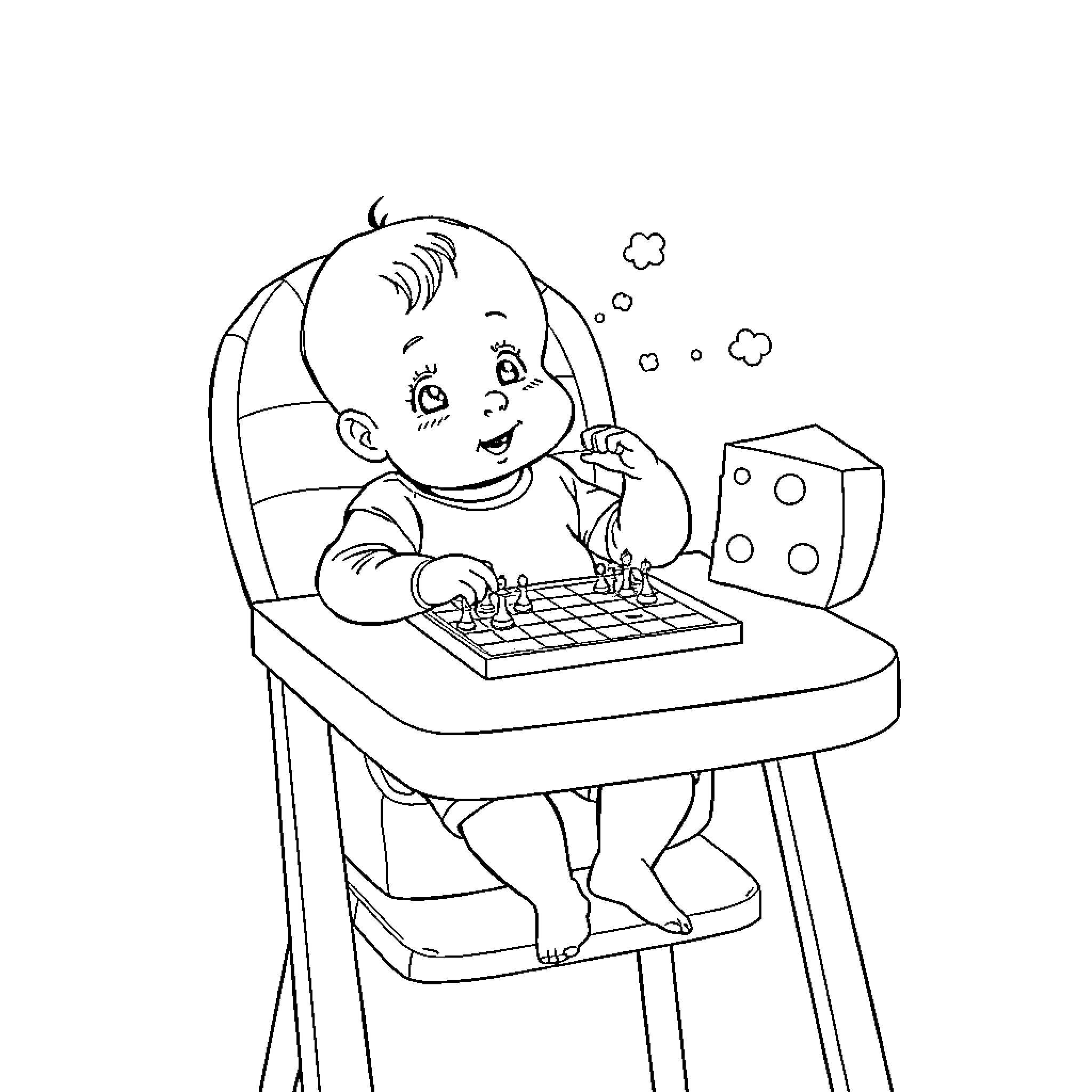 Baby playing happily with toys on high chair Coloring Page (free black-and-white line drawing printable PDF for all, from beginners to advanced learners, including children, teens, adults, and seniors)