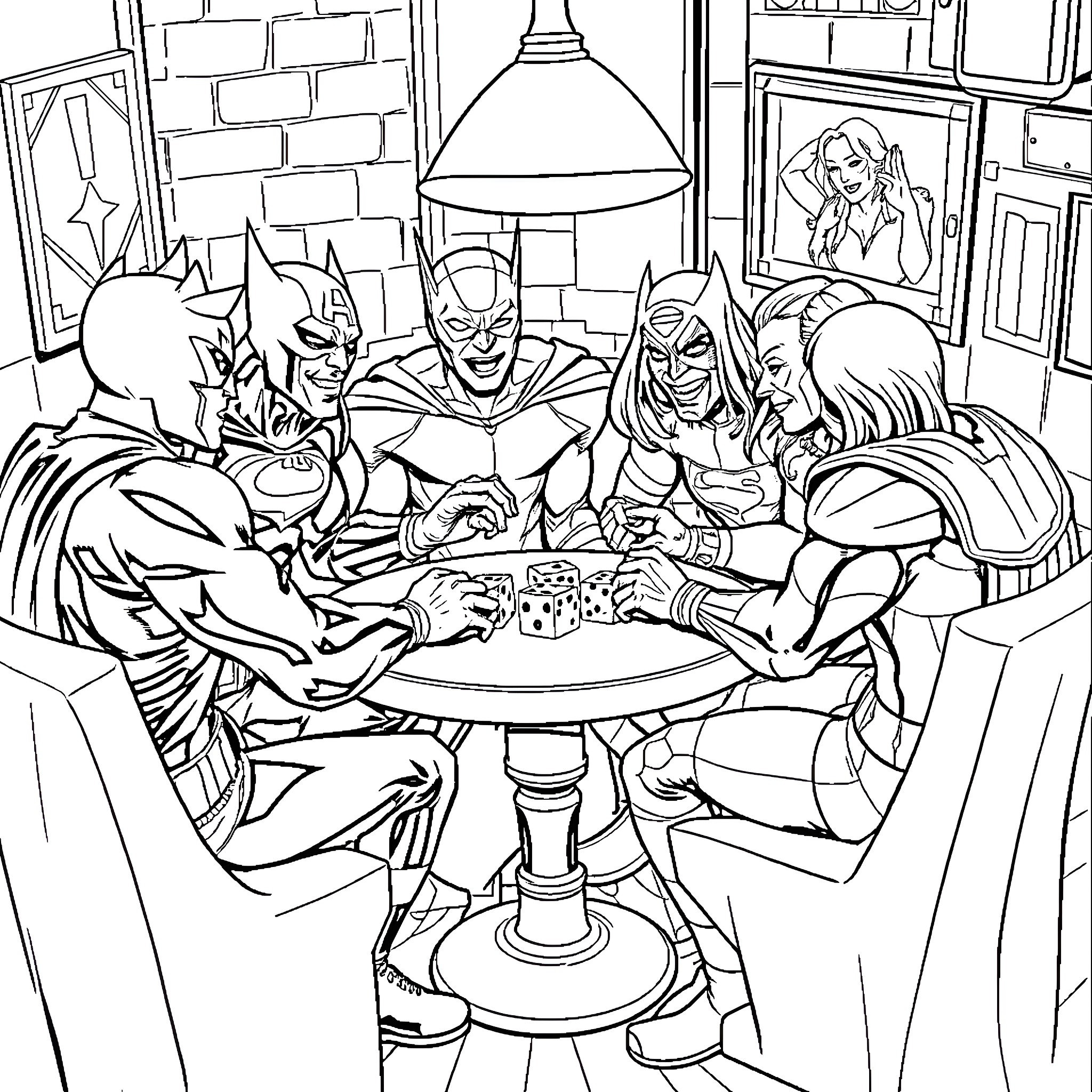 Character Gaming Together in Superhero Hideout Coloring Page (free black-and-white line drawing printable PDF for all, from beginners to advanced learners, including children, teens, adults, and seniors)