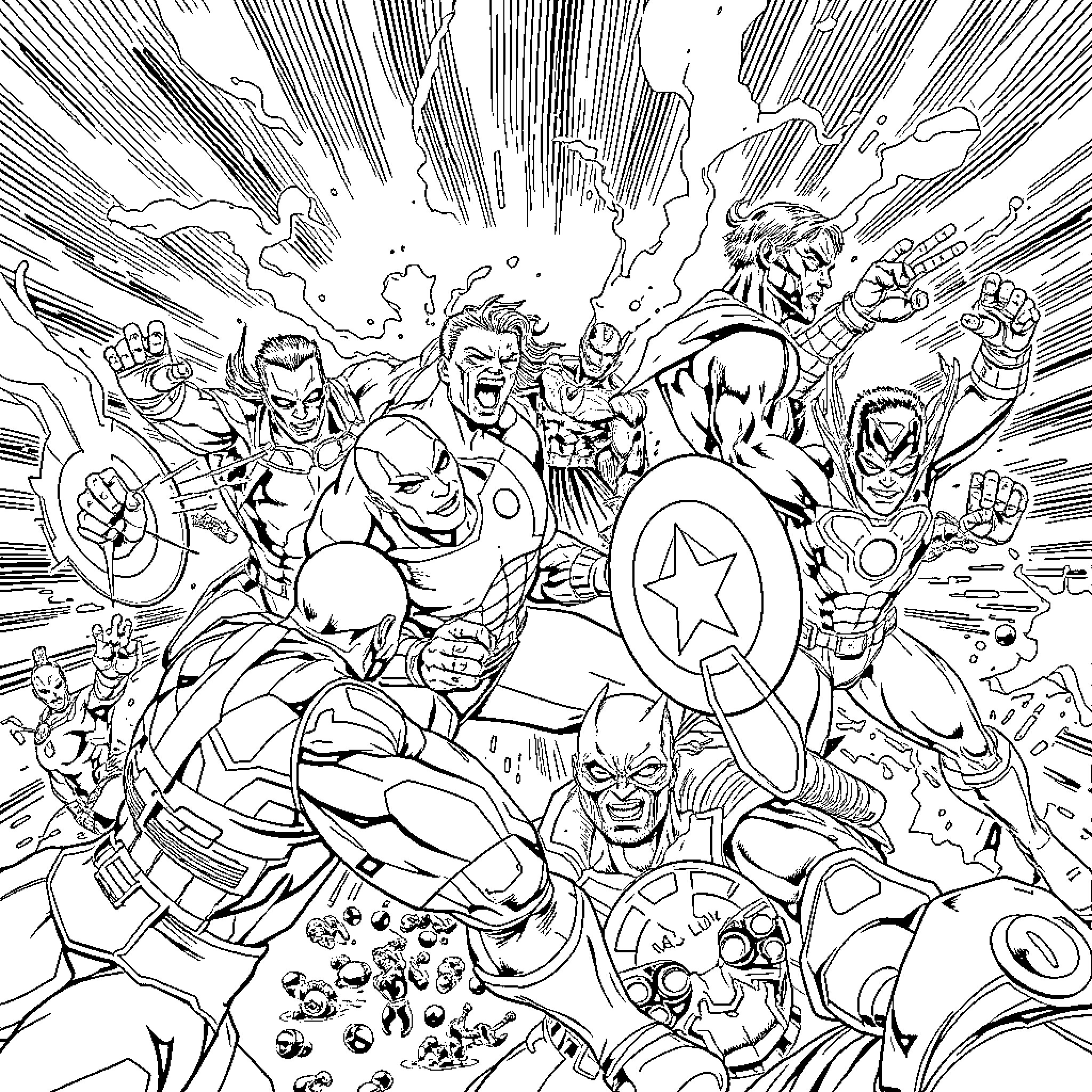 Avenger heroes clash in epic battle Coloring Page (free black-and-white line drawing printable PDF for all, from beginners to advanced learners, including children, teens, adults, and seniors)