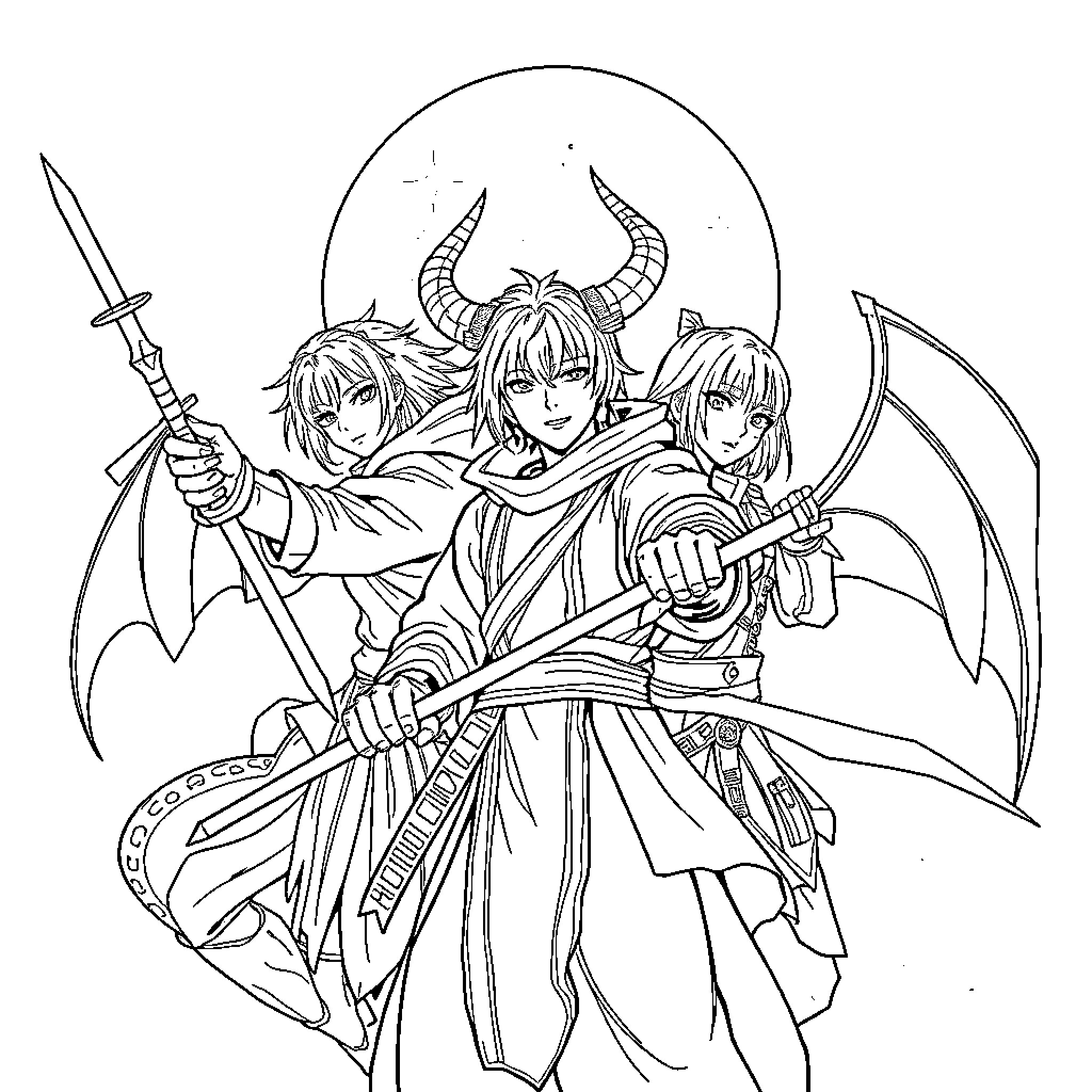 Demon Hunters in Action with Weapons Coloring Page (free black-and-white line drawing printable PDF for all, from beginners to advanced learners, including children, teens, adults, and seniors)