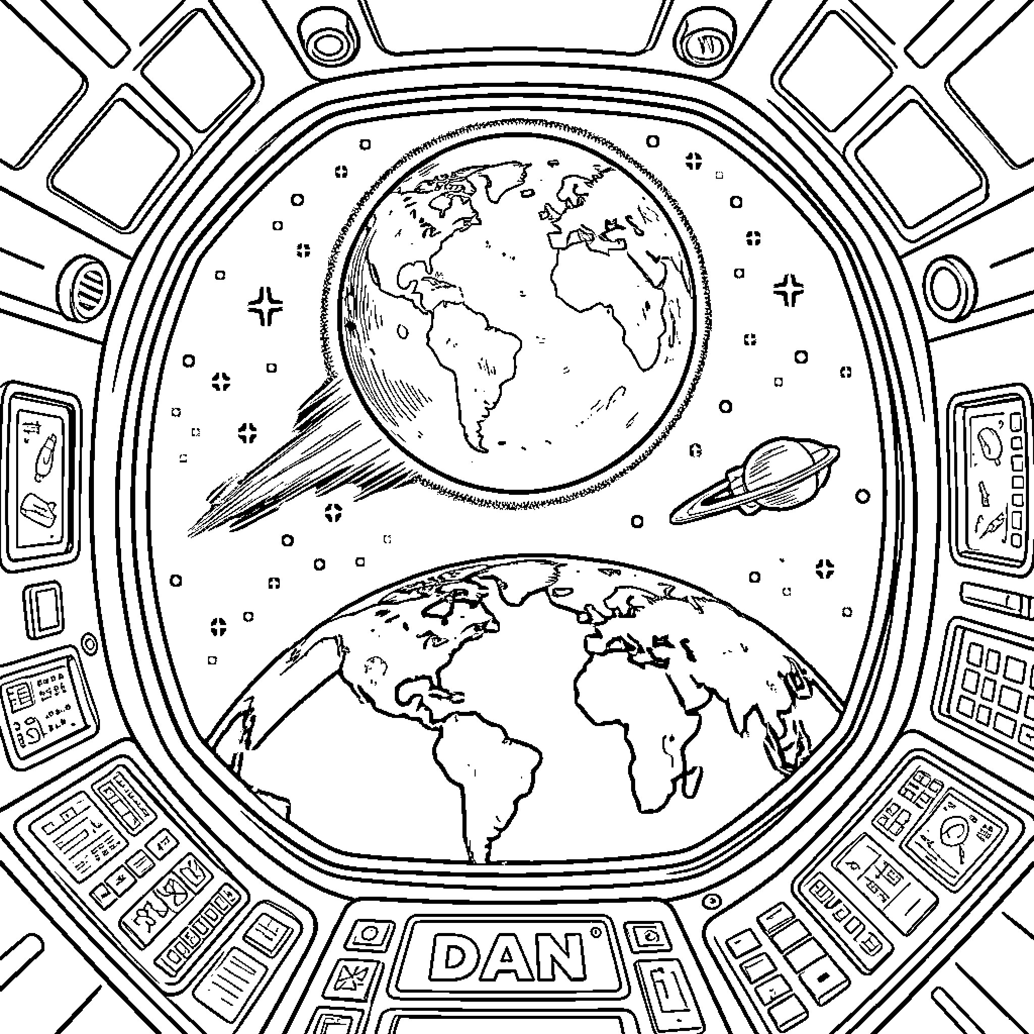 Moon Exploration in a Cosmic Control Room Coloring Page (free black-and-white line drawing printable PDF for all, from beginners to advanced learners, including children, teens, adults, and seniors)