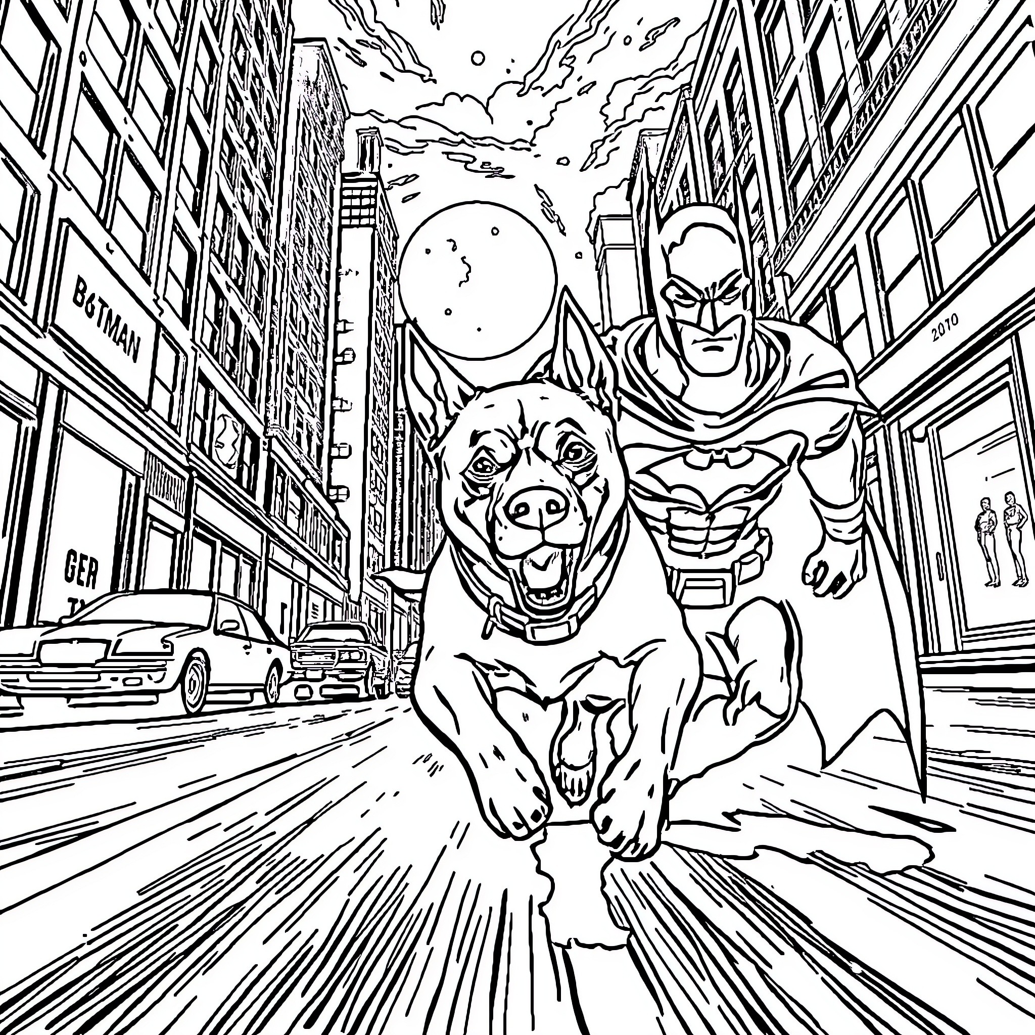 Dog superhero racing through the city with Batman Coloring Page (free black-and-white line drawing printable PDF for all, from beginners to advanced learners, including children, teens, adults, and seniors)