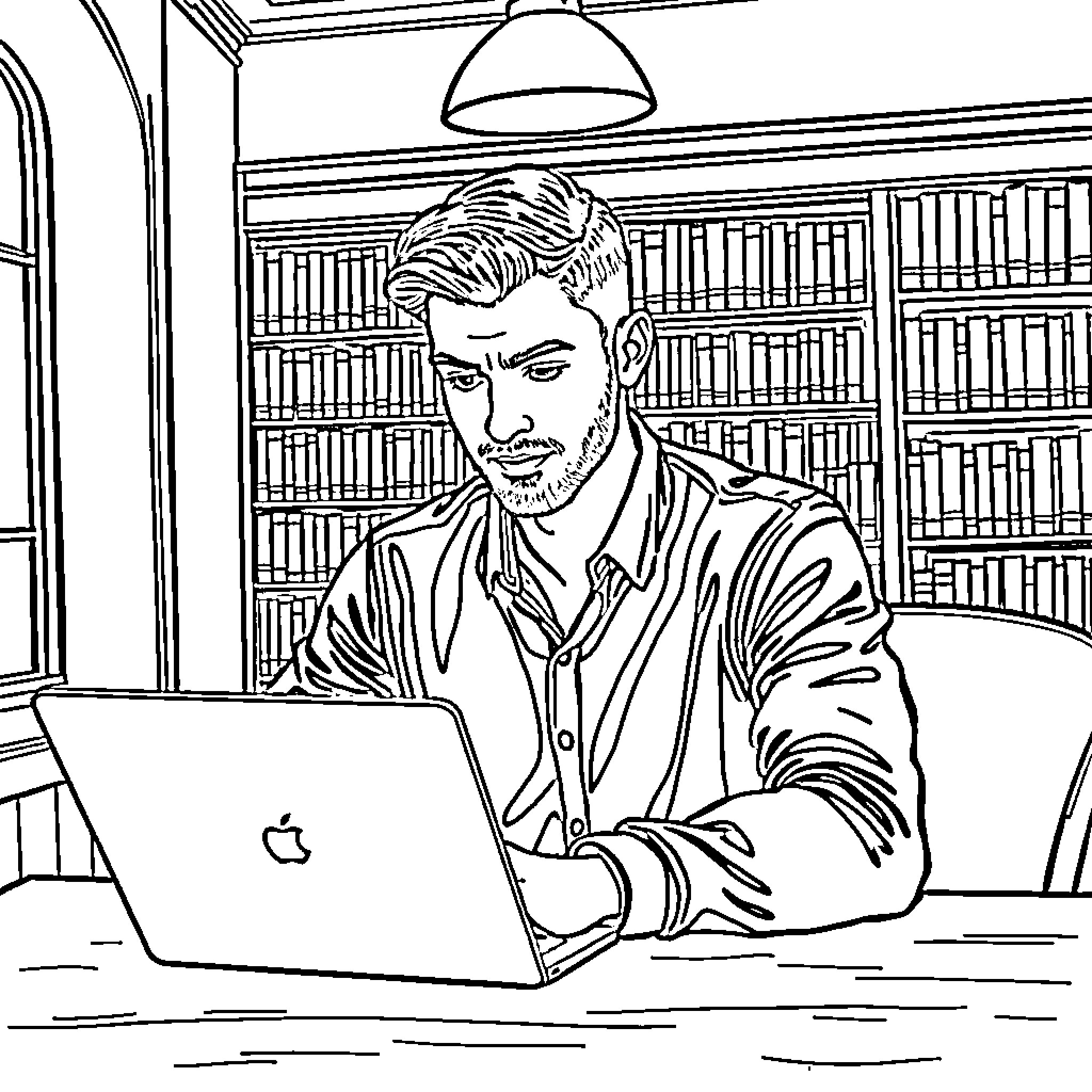 Man working intently at laptop in library Coloring Page (free black-and-white line drawing printable PDF for all, from beginners to advanced learners, including children, teens, adults, and seniors)