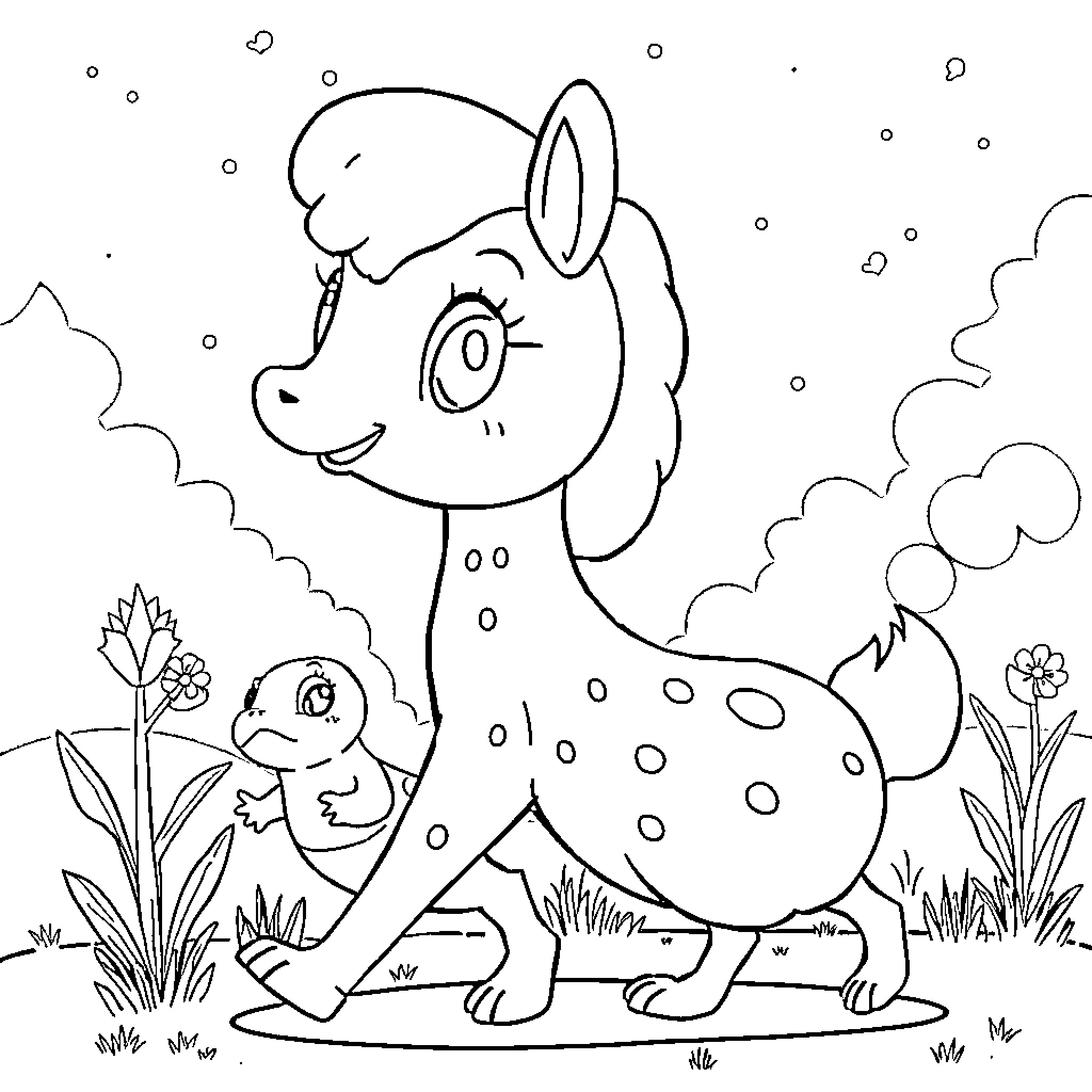 Mare playing happily in the meadow Coloring Page (free black-and-white line drawing printable PDF for all, from beginners to advanced learners, including children, teens, adults, and seniors)