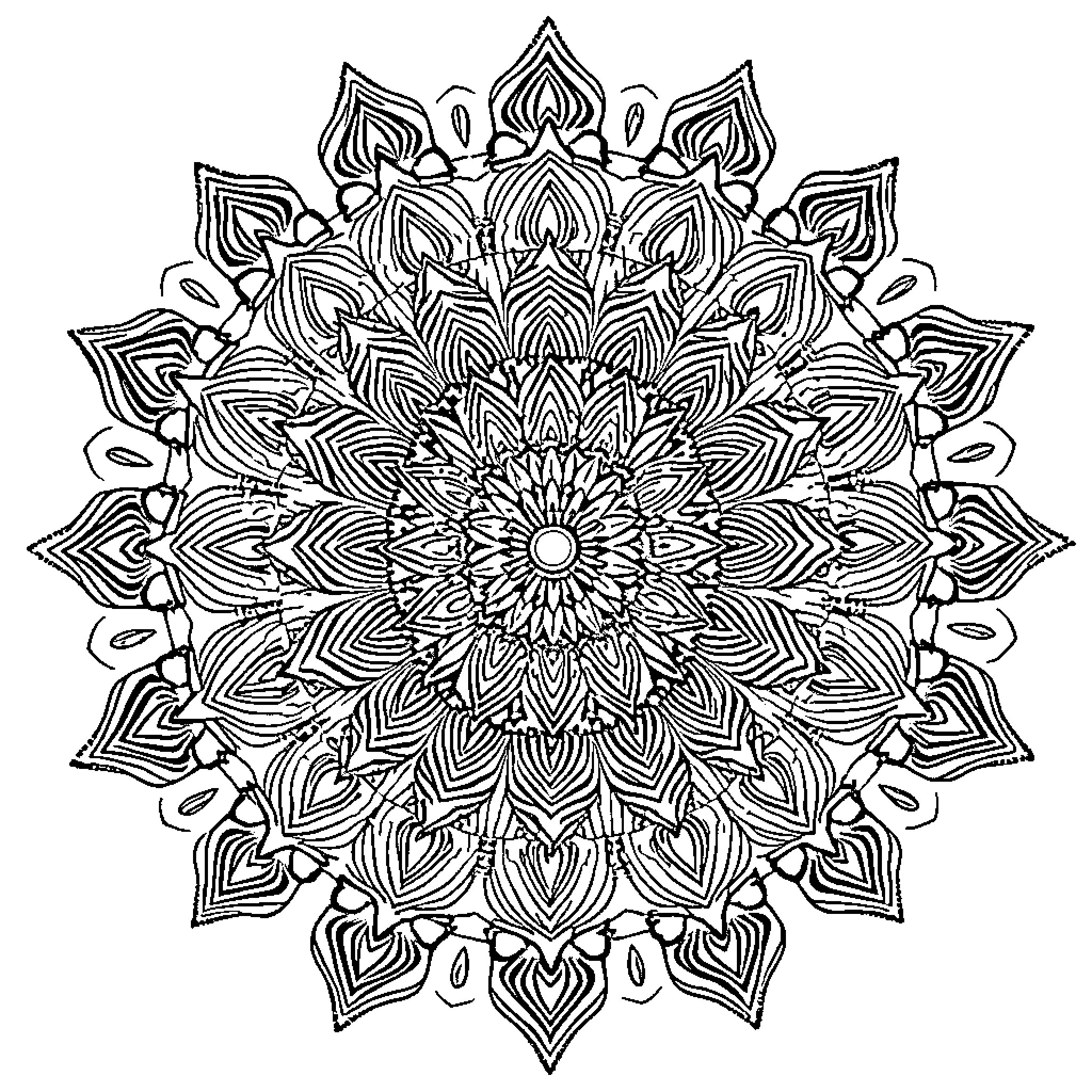 Mandala of intricate floral patterns Coloring Page (free black-and-white line drawing printable PDF for all, from beginners to advanced learners, including children, teens, adults, and seniors)