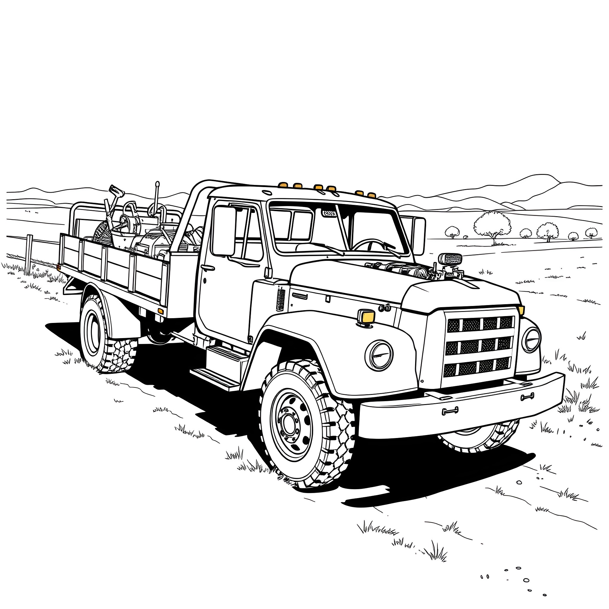 Flatbed truck hauling cargo in the countryside Coloring Page (free black-and-white line drawing printable PDF for all, from beginners to advanced learners, including children, teens, adults, and seniors)