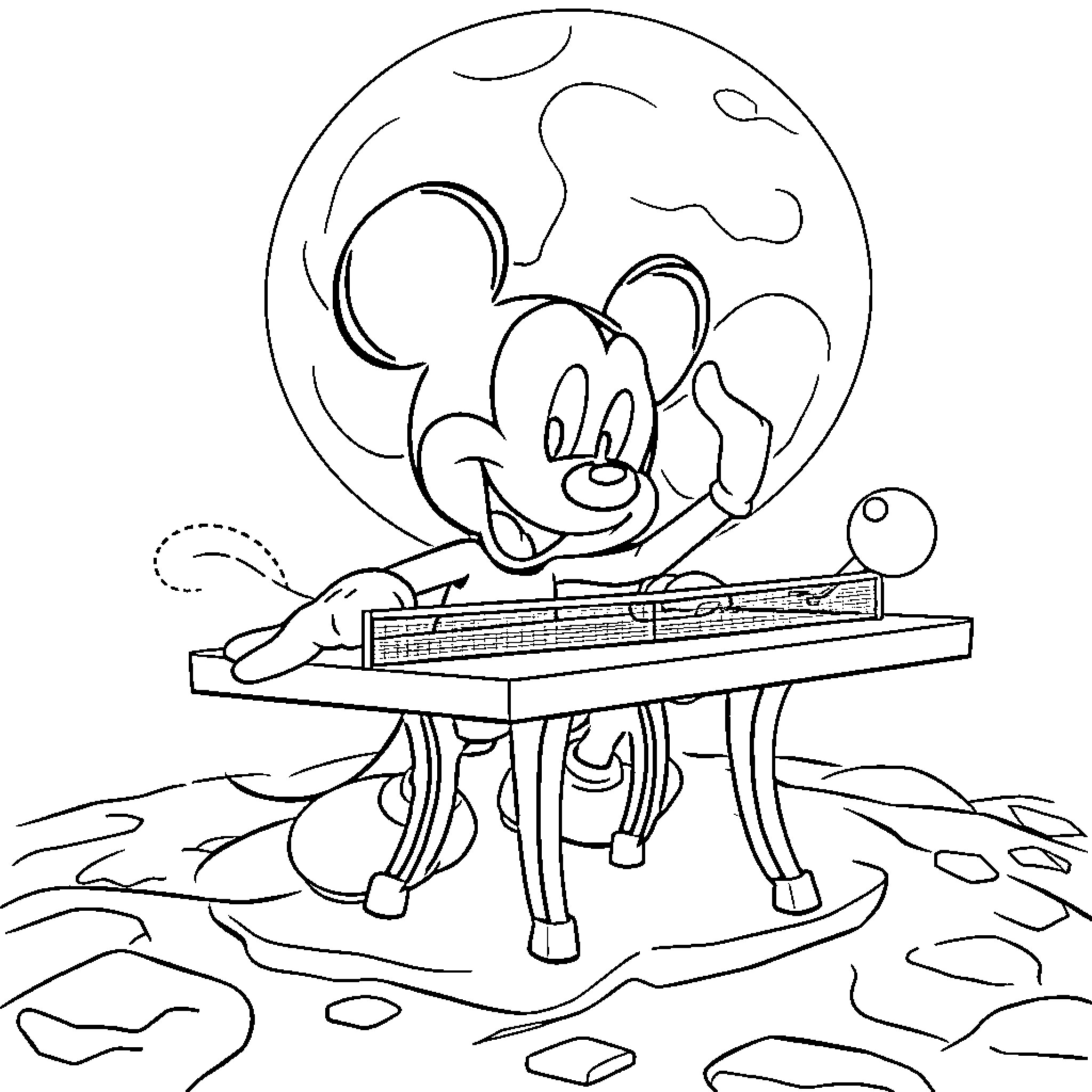 Mickey Mouse playing musical keyboard under the moon Coloring Page (free black-and-white line drawing printable PDF for all, from beginners to advanced learners, including children, teens, adults, and seniors)