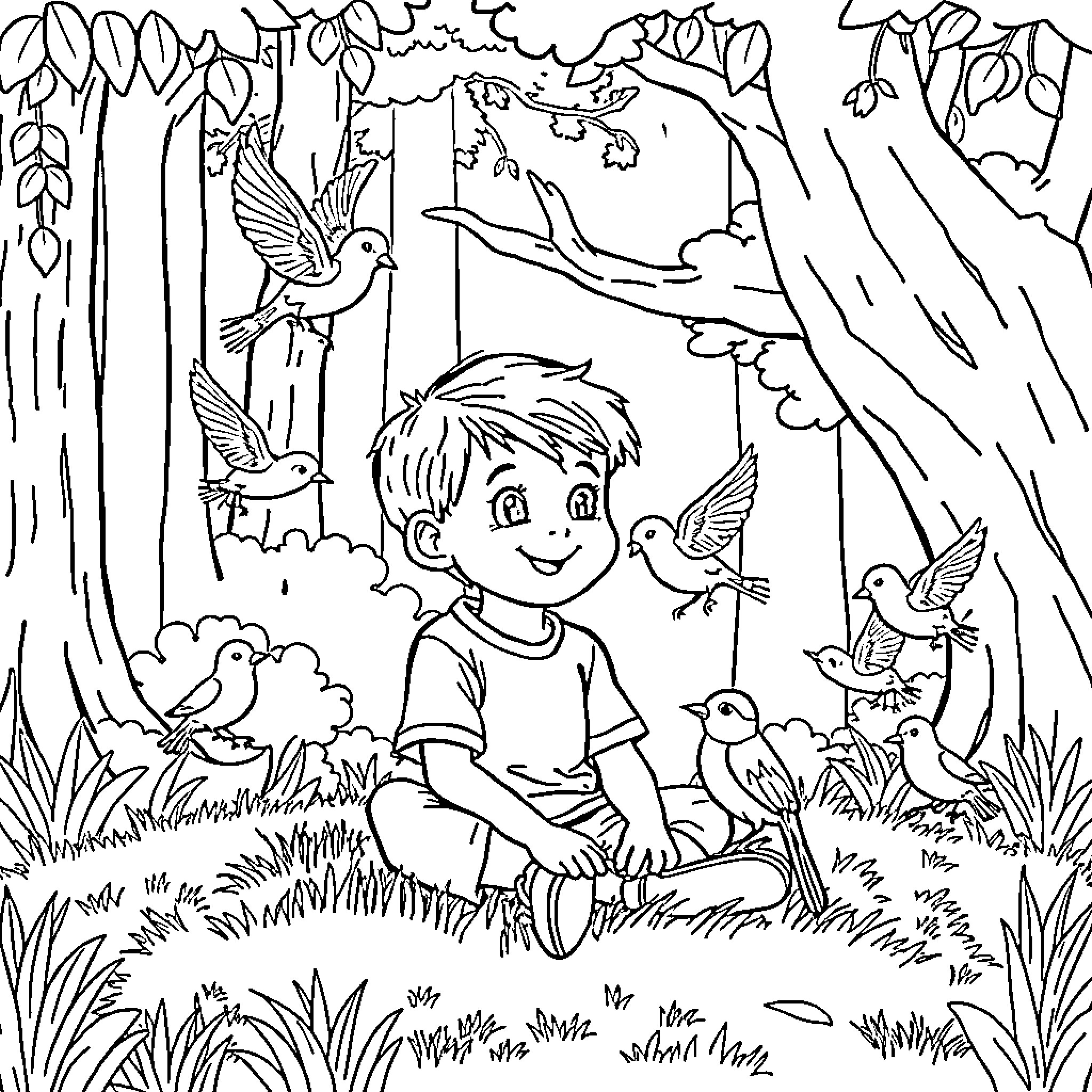 Boy interacting with birds in a nature scene Coloring Page (free black-and-white line drawing printable PDF for all, from beginners to advanced learners, including children, teens, adults, and seniors)