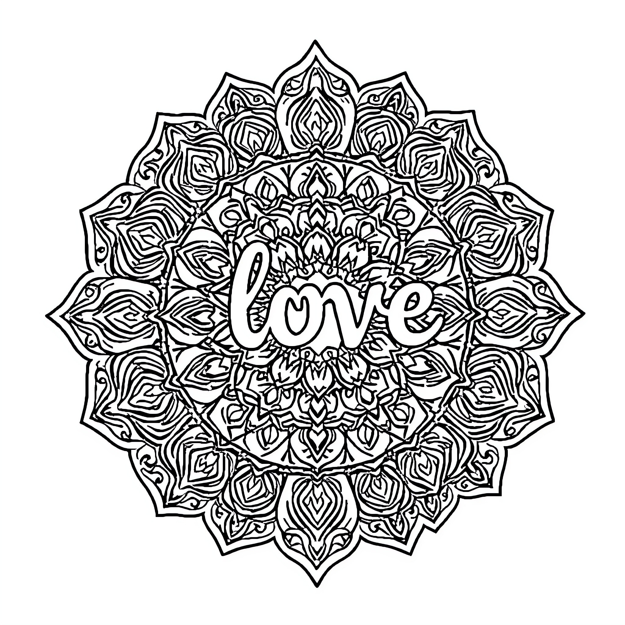 Mandala featuring floral patterns and the word 'love' Coloring Page (free black-and-white line drawing printable PDF for all, from beginners to advanced learners, including children, teens, adults, and seniors)
