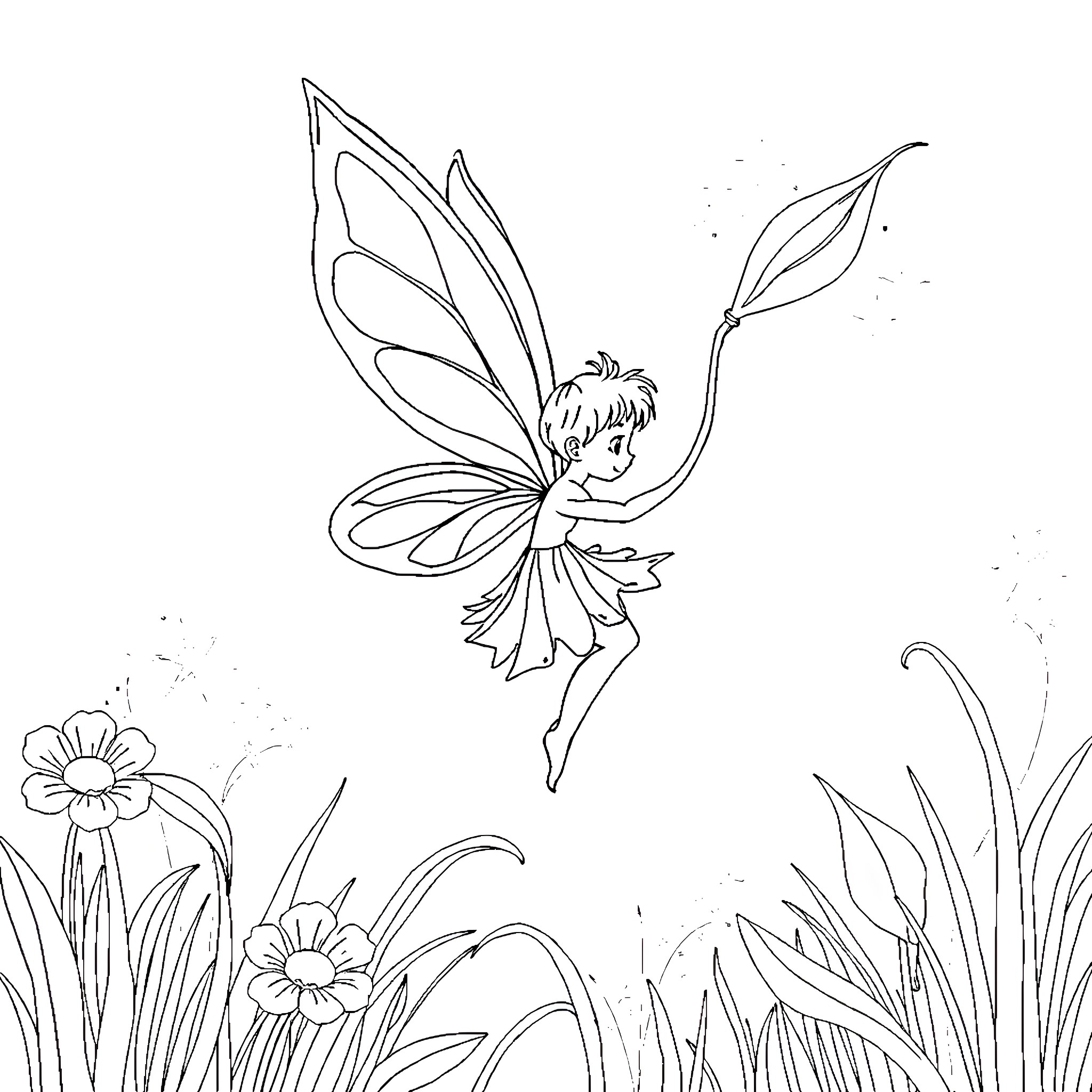 Fairy dancing among the flowers Coloring Page (free black-and-white line drawing printable PDF for all, from beginners to advanced learners, including children, teens, adults, and seniors)