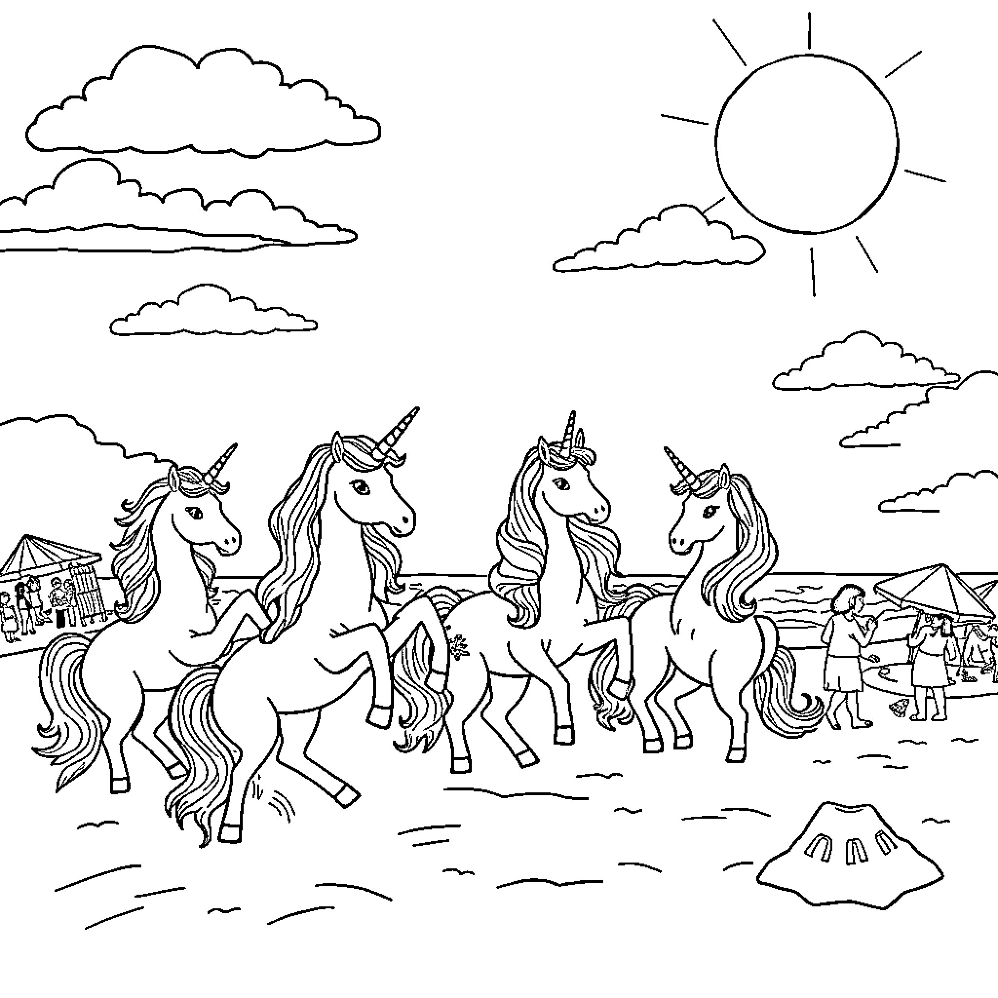Unicorns prancing in a serene countryside landscape Coloring Page (free black-and-white line drawing printable PDF for all, from beginners to advanced learners, including children, teens, adults, and seniors)