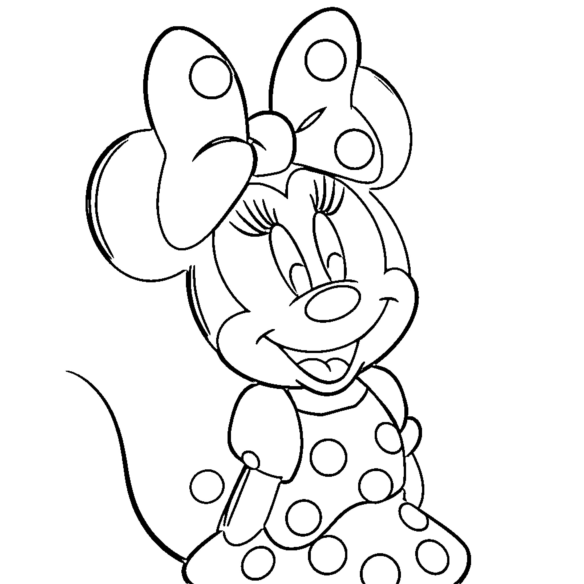 Minnie Mouse posing happily in her polka dot dress Coloring Page (free black-and-white line drawing printable PDF for all, from beginners to advanced learners, including children, teens, adults, and seniors)