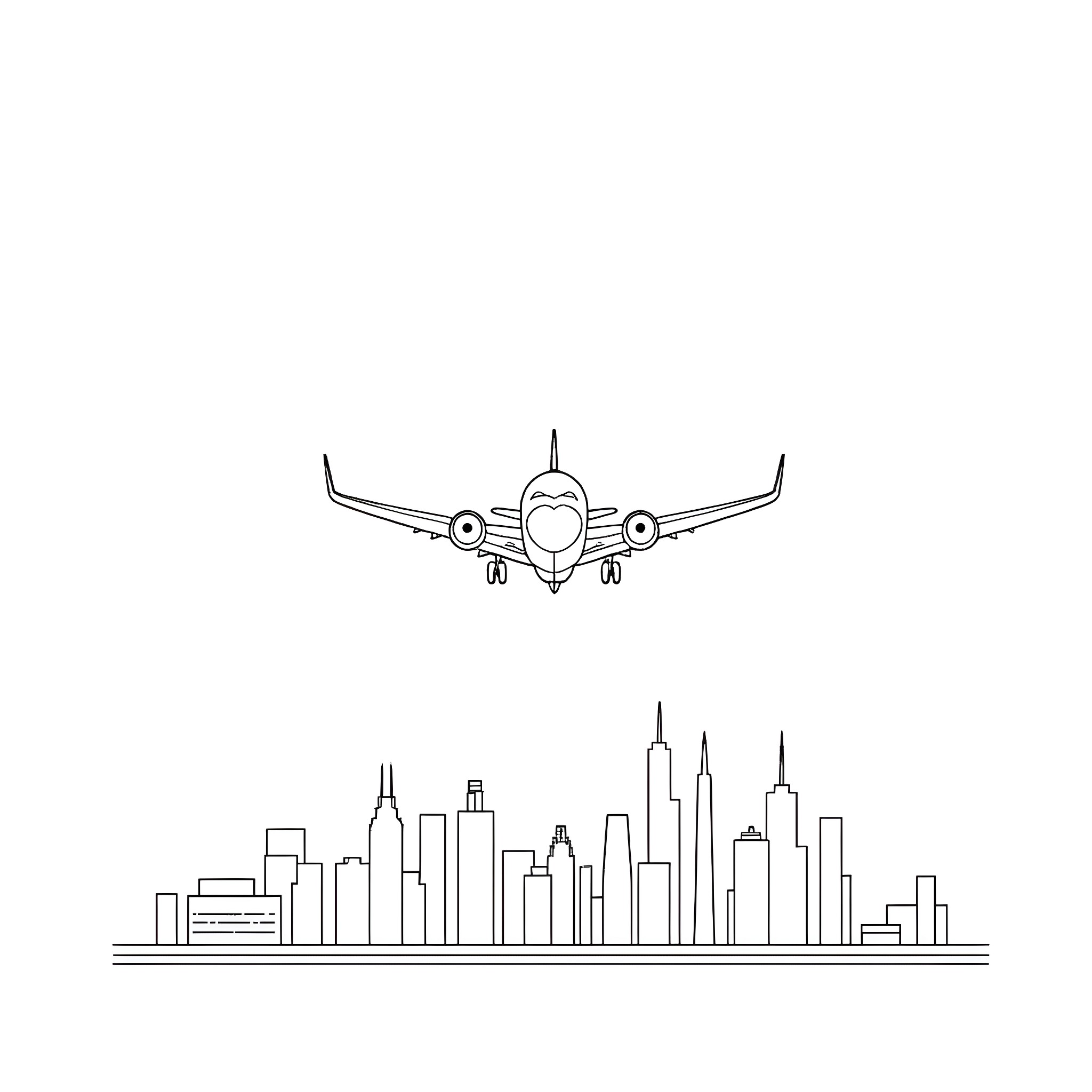 Airplane flying over a city skyline Coloring Page (free black-and-white line drawing printable PDF for all, from beginners to advanced learners, including children, teens, adults, and seniors)