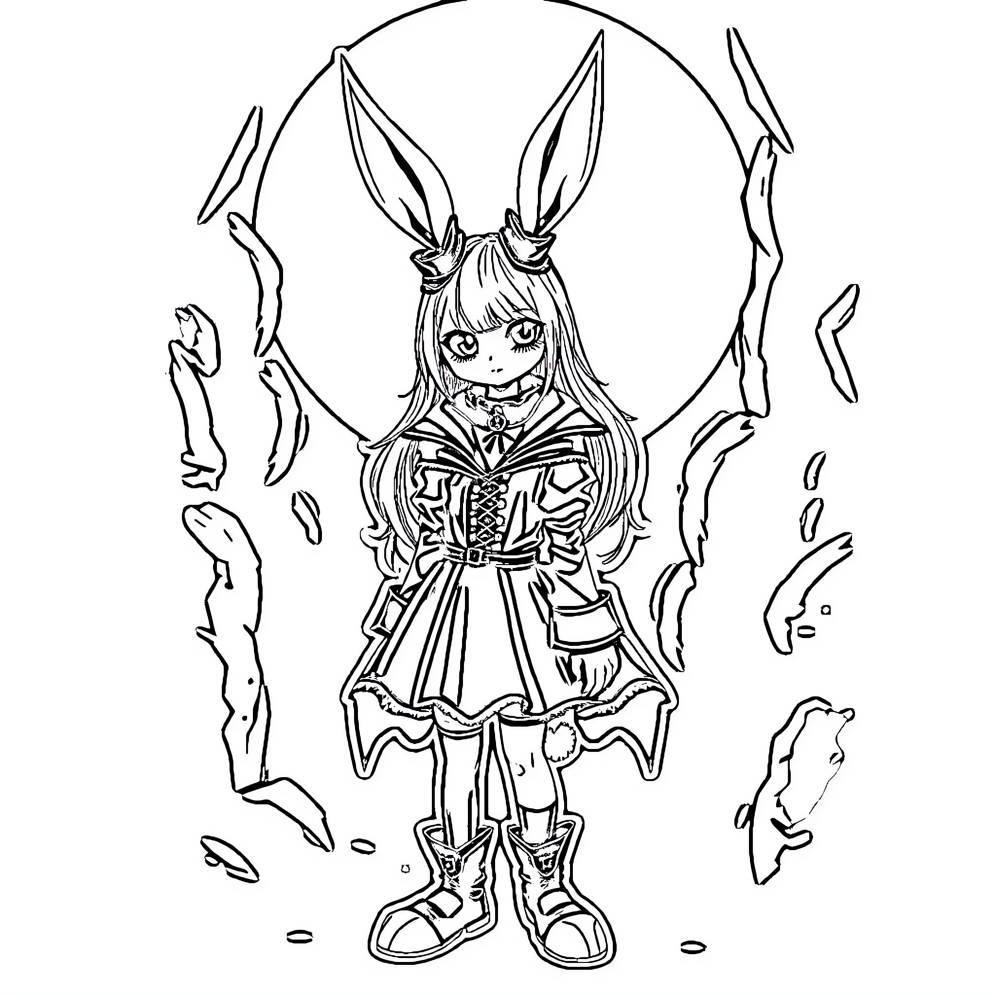 Bunny girl in magical outfit surrounded by enchanted leaves Coloring Page (free black-and-white line drawing printable PDF for all, from beginners to advanced learners, including children, teens, adults, and seniors)