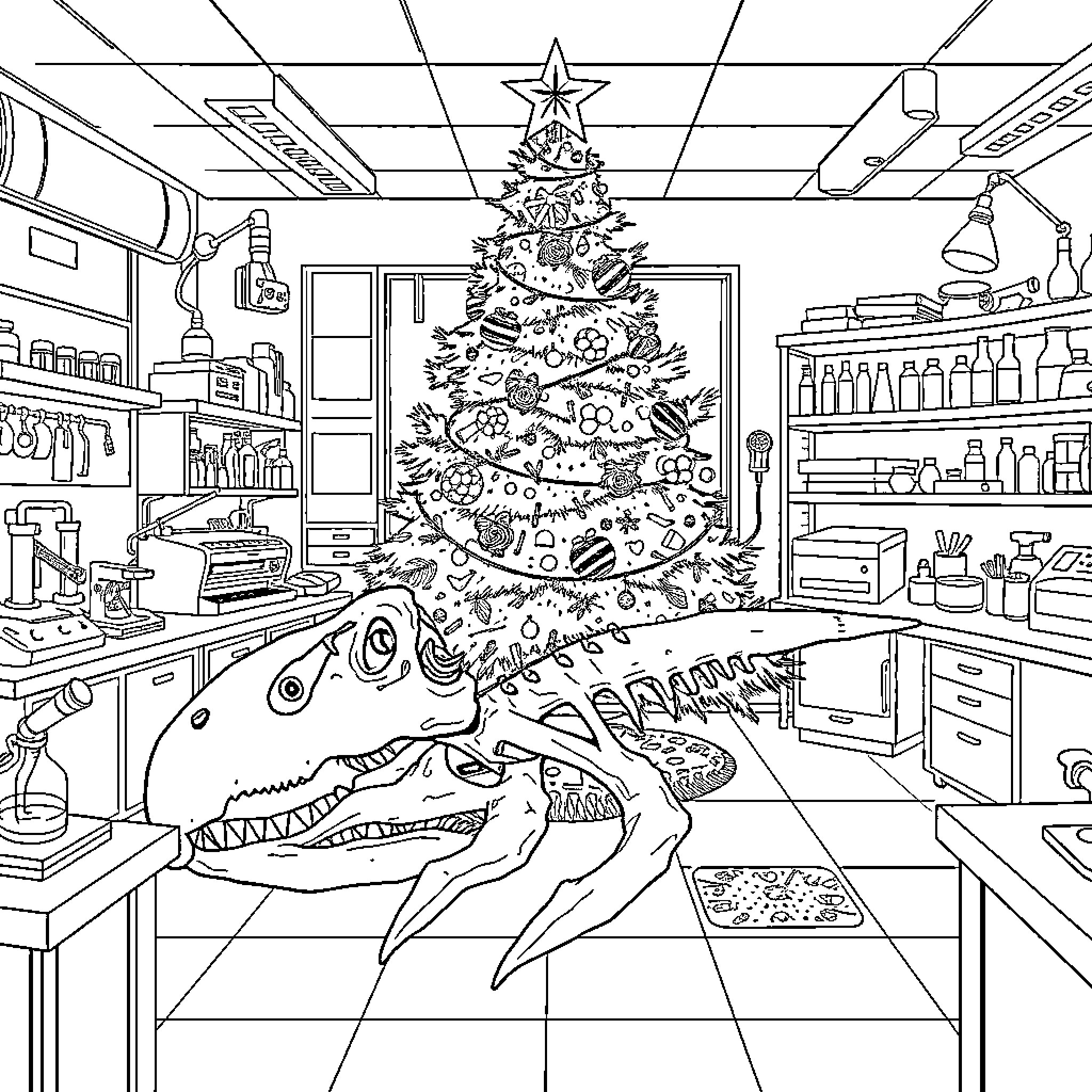 Bone Dinosaur Exploring Christmas Wonderland Coloring Page (free black-and-white line drawing printable PDF for all, from beginners to advanced learners, including children, teens, adults, and seniors)