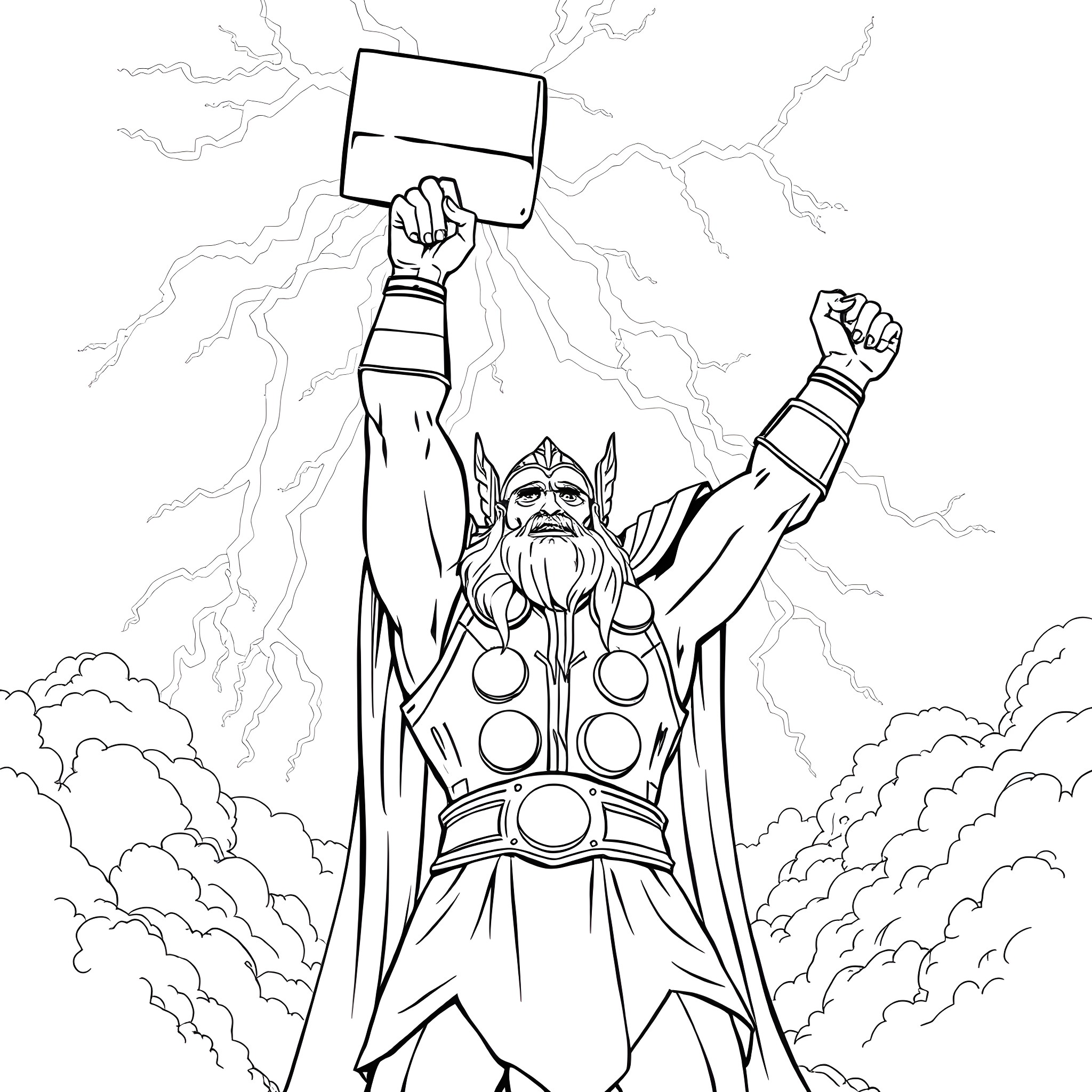 Thor Unleashing Powerful Lightning in Dramatic Pose Coloring Page (free black-and-white line drawing printable PDF for all, from beginners to advanced learners, including children, teens, adults, and seniors)