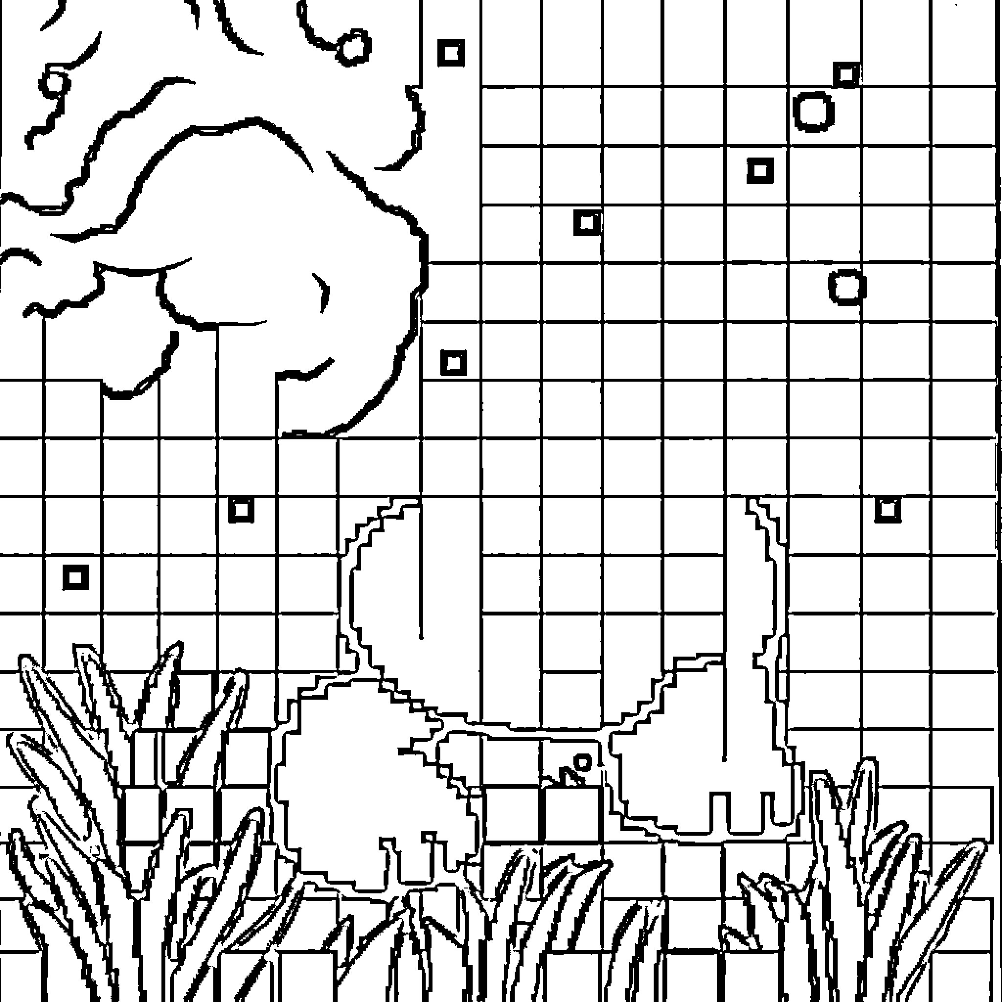 Pixel Landscape with Cloudy Sky and Geometric Patterns Coloring Page (free black-and-white line drawing printable PDF for all, from beginners to advanced learners, including children, teens, adults, and seniors)
